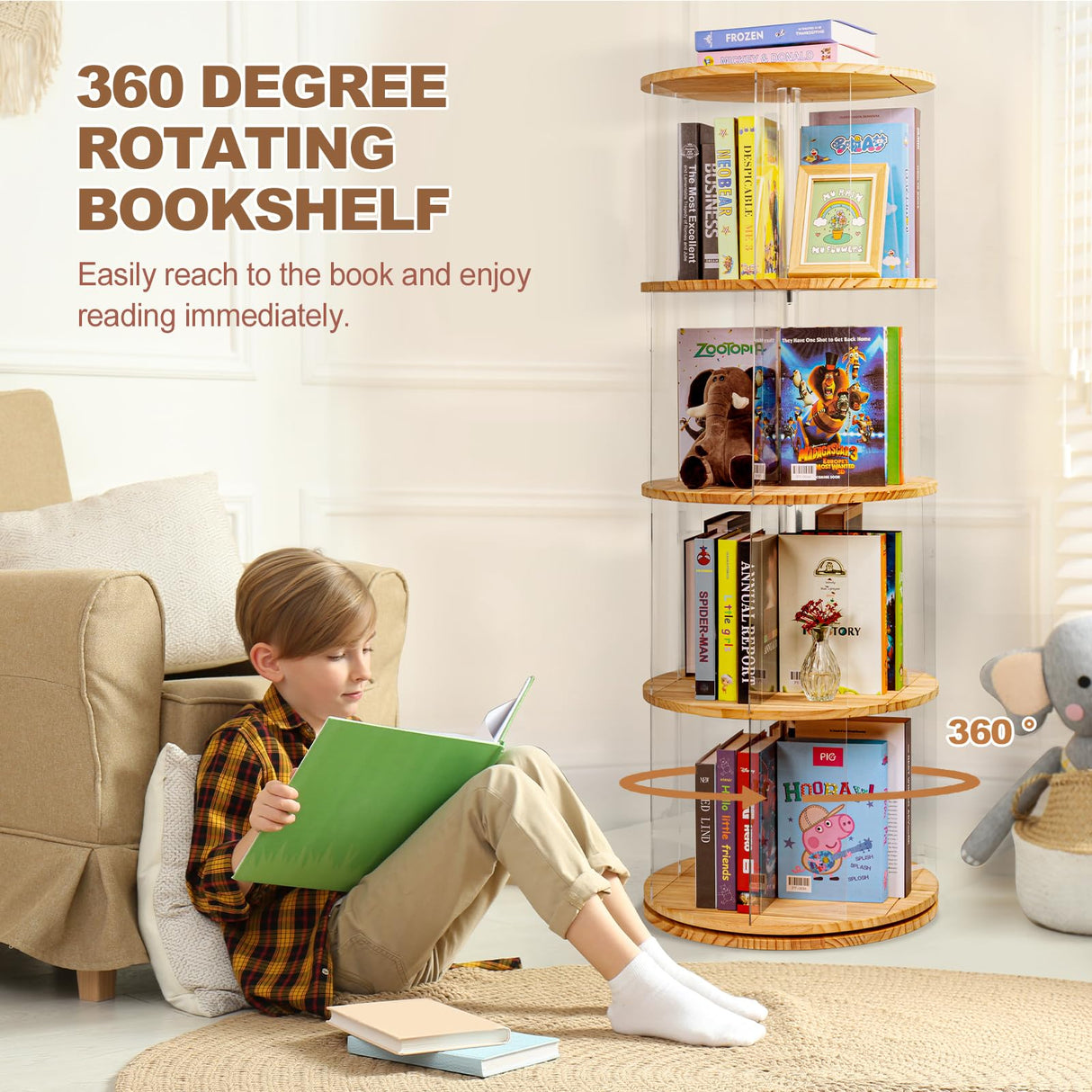 TAKEKIT 360° Rotating 4-Tier Bookshelf - Clear Acrylic & Wood Design for Playrooms, Bedrooms, and Living Rooms TAKEKIT