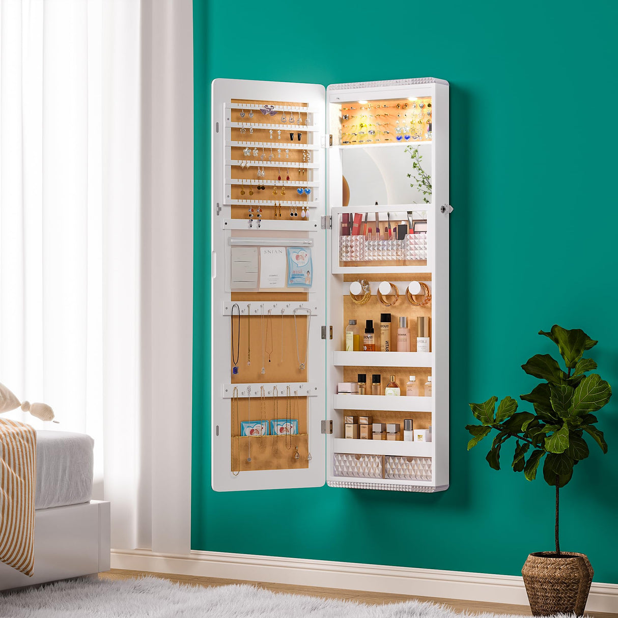 HNEBC LED Mirror Jewelry Cabinet,47.2" Wall Mounted Jewelry Organizer with Full-Length Mirror,Over The Door Hanging Jewelry Armoire Storage Cabinet,Folding Dresser,2 Drawers,Lockable, 3 Shelves(White) HNEBC