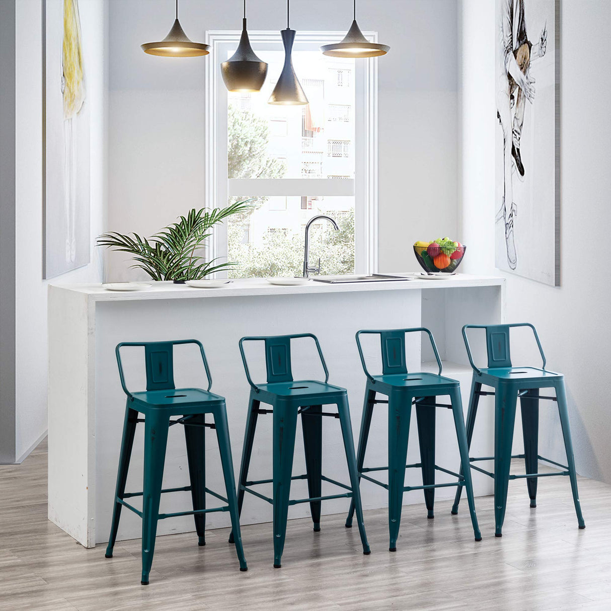 Aklaus Metal Bar Stools Set of 4 Barstools Bar Height Bar Stools with Back Industrial Bar Stool Indoor Outdoor Stools Kitchen Dining Chairs Modern Bar Chairs Distressed Teal Blue 30inch Stools Aklaus