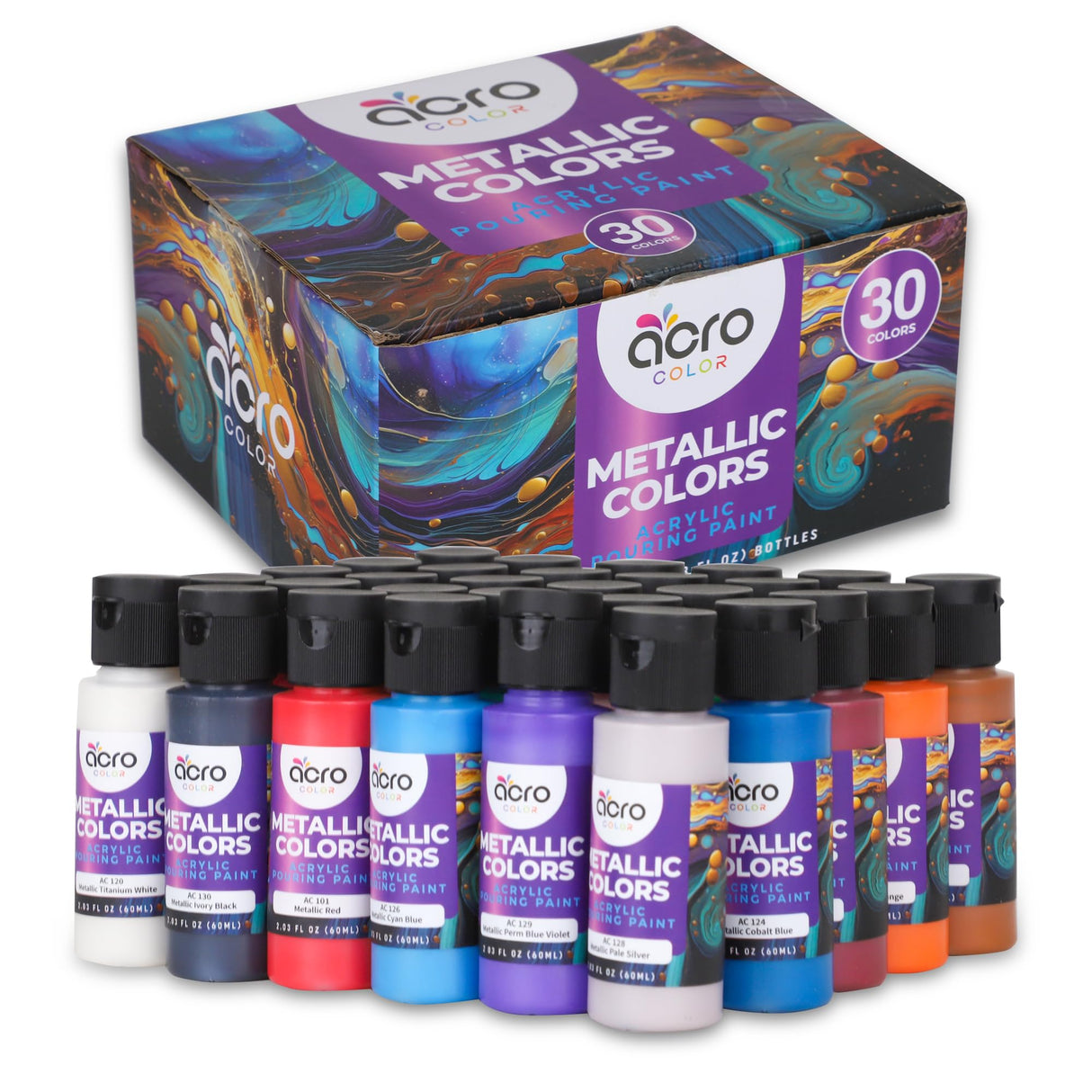 Acrylic Pouring Paint Set | 30 Vibrant Colors Including An Array Of Metallic, Neon & Pastel Paints | Pre Mixed, Ready to Use, High Flow Paint For Canvas, Paper, and More | 2 Ounces Per bottle Acro Color