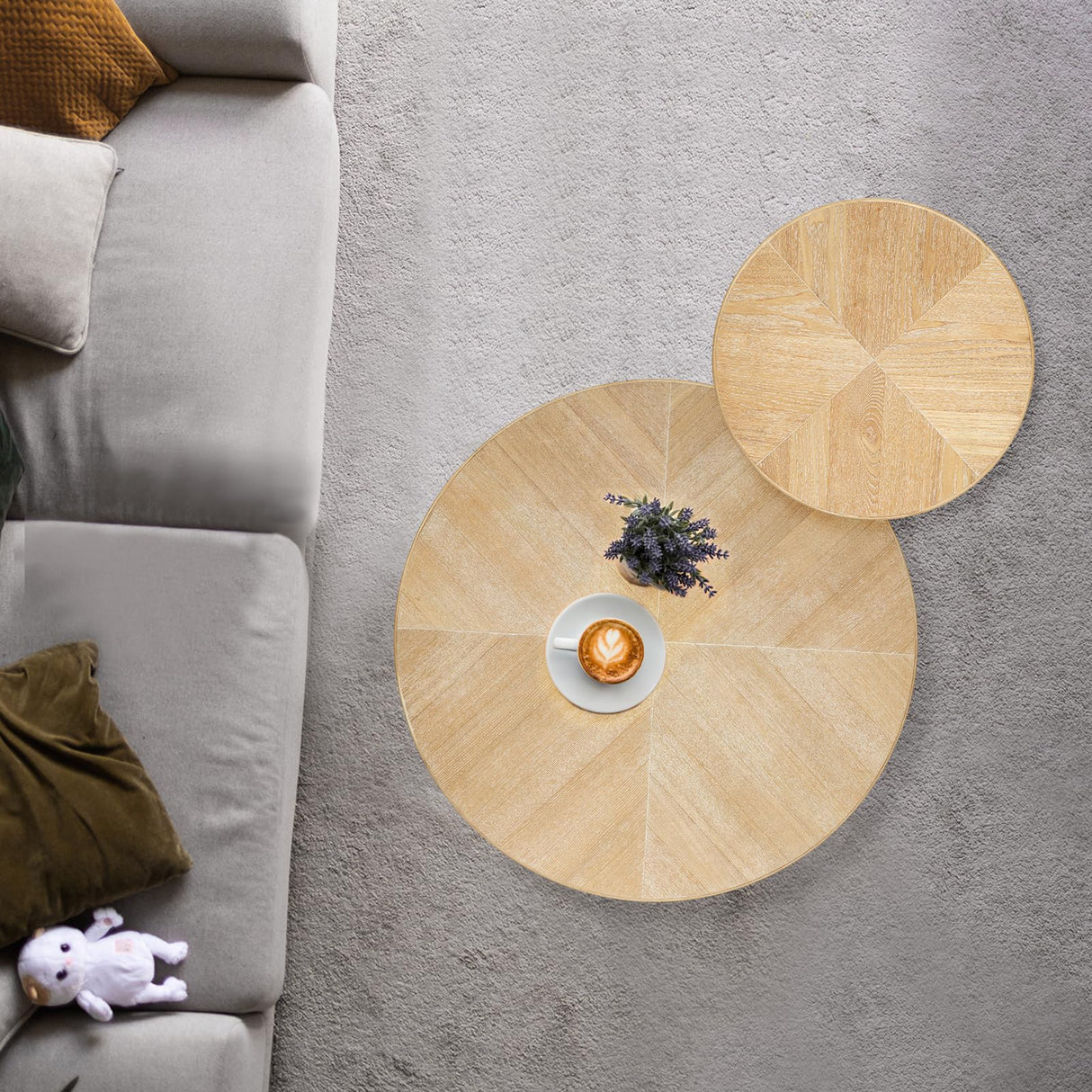 Wnutrees Farmhouse Round Coffee Table, Rustic Sofa Side Tea Tables Nesting Center Table Set with Handmade Rattan for Living Room, French Country Decor, Natural, 2Pack Wnutrees