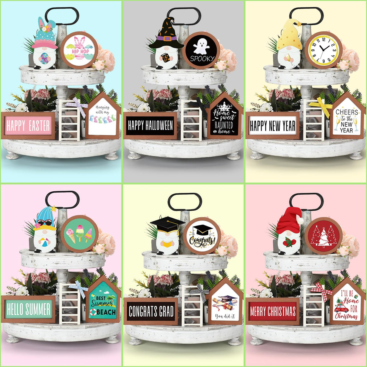 Lineshading 65 Pcs Christmas Farmhouse Tiered Tray Decor Set Interchangeable Round Seasonal Year Tray Decorations Holiday Rustic Wooden Frames Arch Ladders Cards Bow Knot for Kitchen Table Home Decor Lineshading