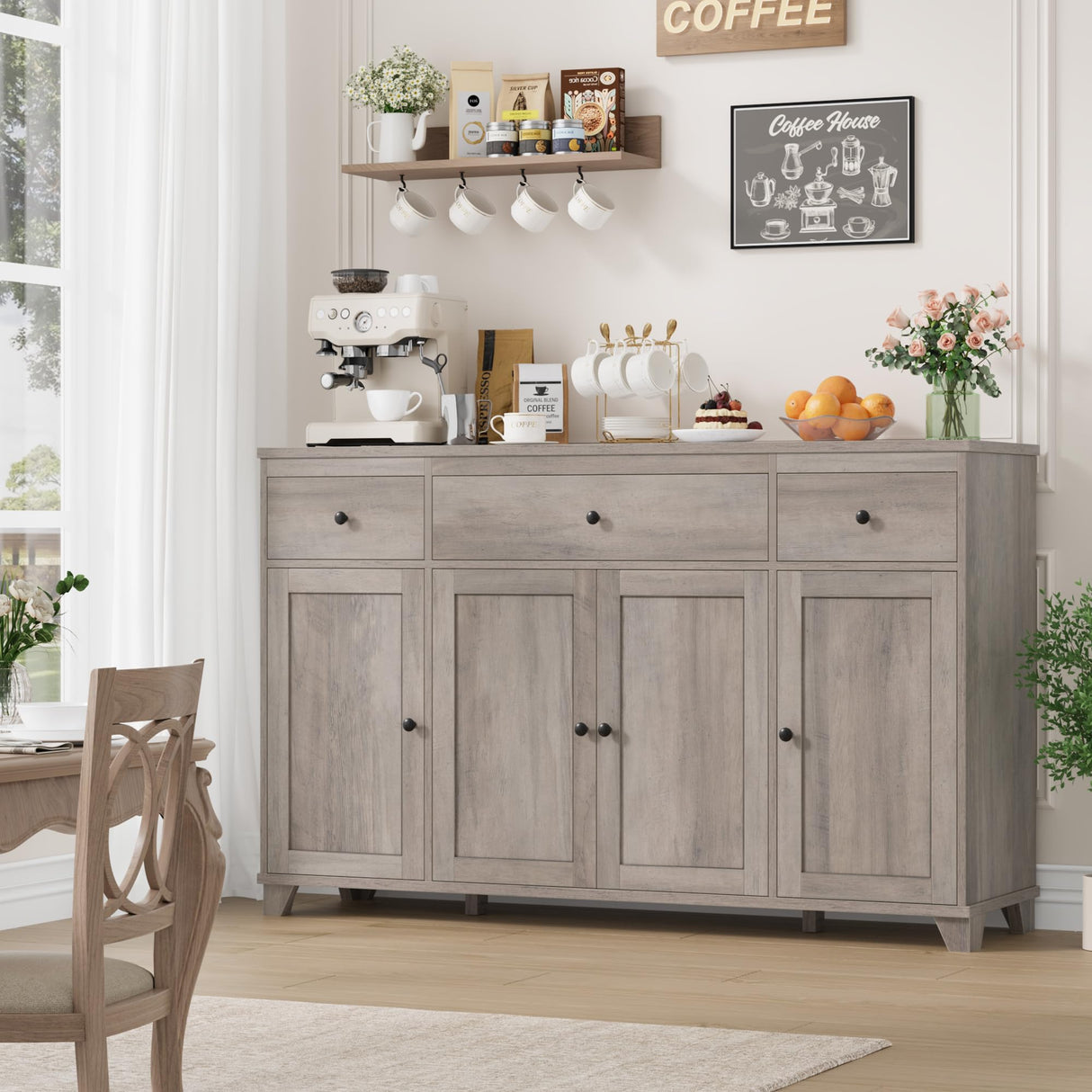 HIFIT 55" Large Kitchen Buffet Cabinet with Storage Drawers, Farmhouse Sideboard Buffet Table Storage Cabinet with Doors and Shelves, Wood Coffee Bar Cabinet for Kitchen Dining Living Room, Ash Grey HIFIT