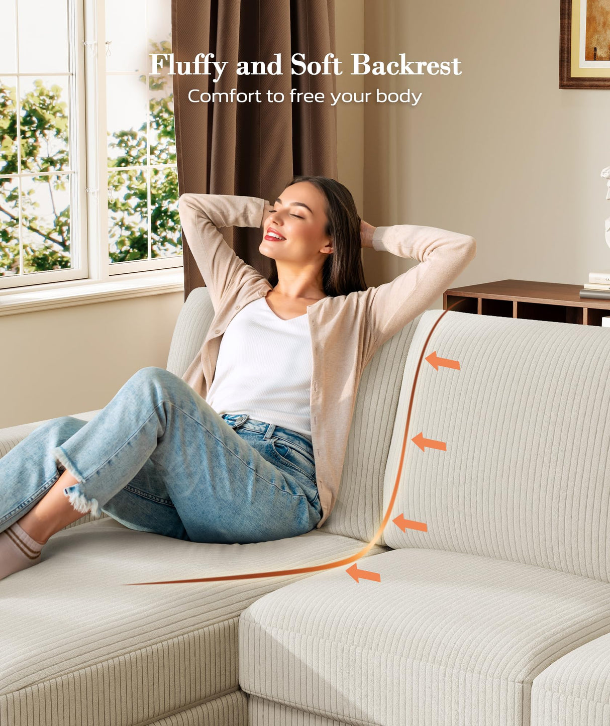 Kidirect 106" Beige U Shaped Couch with Chaises, Corduroy Sectional Couches for Living Room No Tool Assembly, 4 Seats Loveseat Sofa Comfy Sectional Sofas for Living Room Apartment Home 900lb Load Kidirect