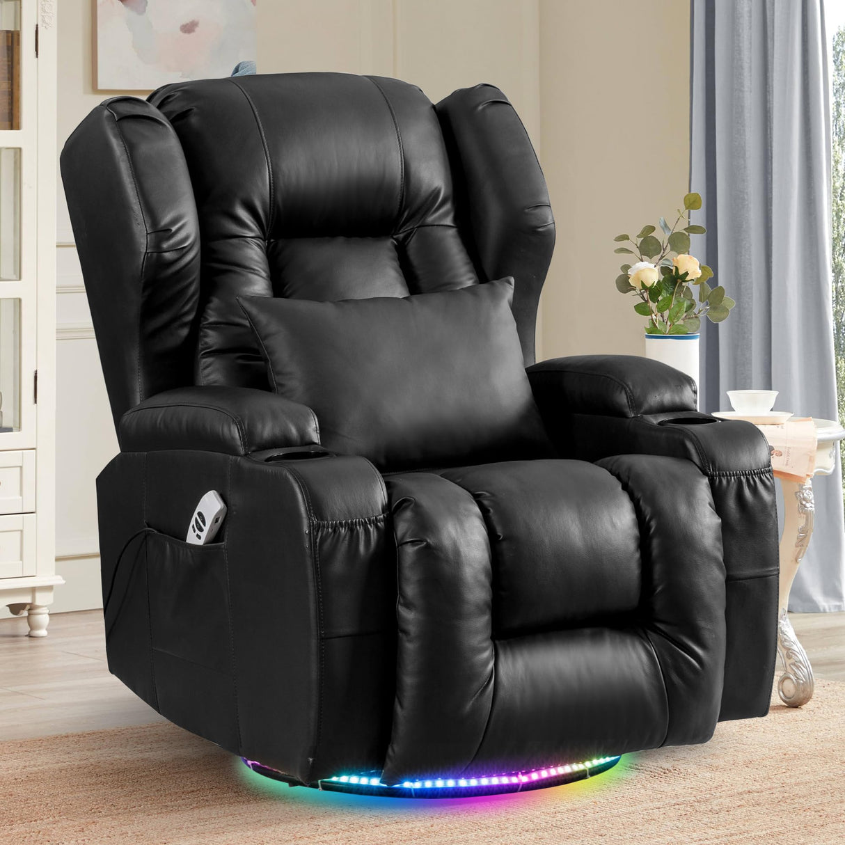TUNYI Power Recliner Chair, Swivel Rocker Recliner Chair with Massage & Heat Faux Leather Home Theater Seating Rocker Reclining Chair for Living Room with LED Light/USB Port/Lumbar Pillow (Black) TUNYI