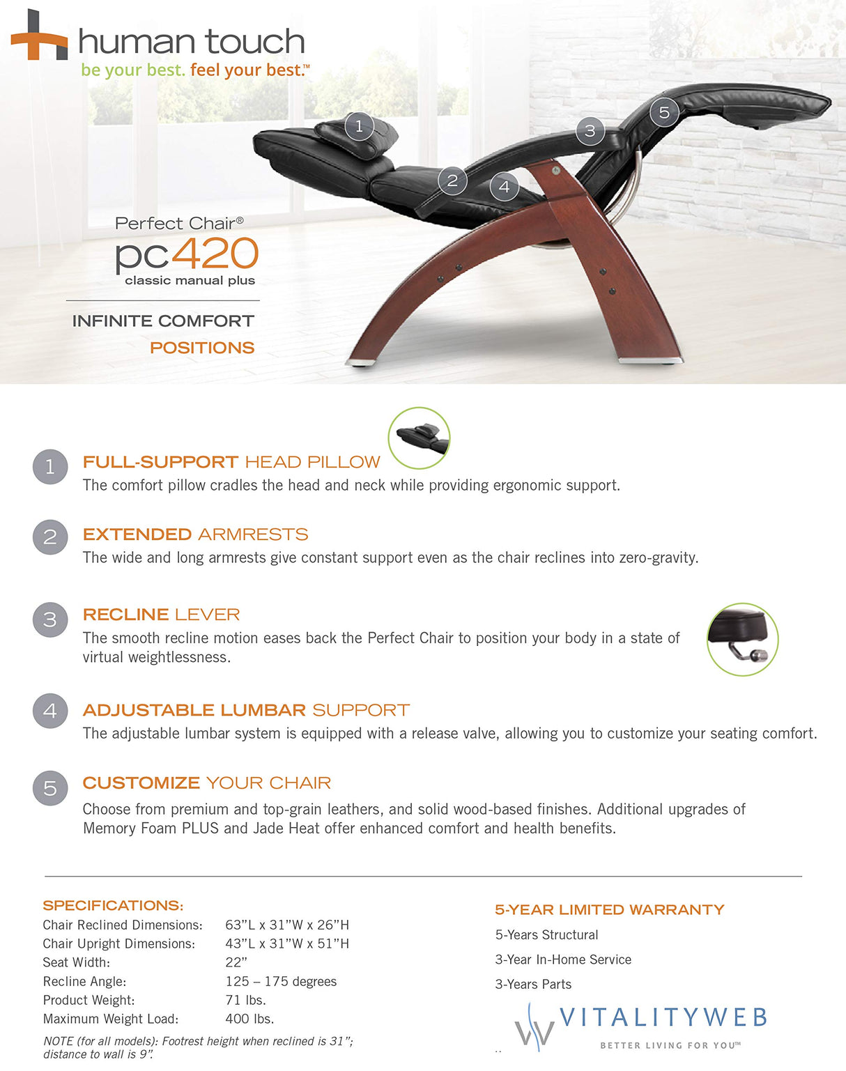 Perfect Chair Human Touch PC-420 Classic Manual Plus Series 2 Black Matte Wood Base Zero-Gravity Recliner - Black SoftHyde Vinyl Perfect Chair