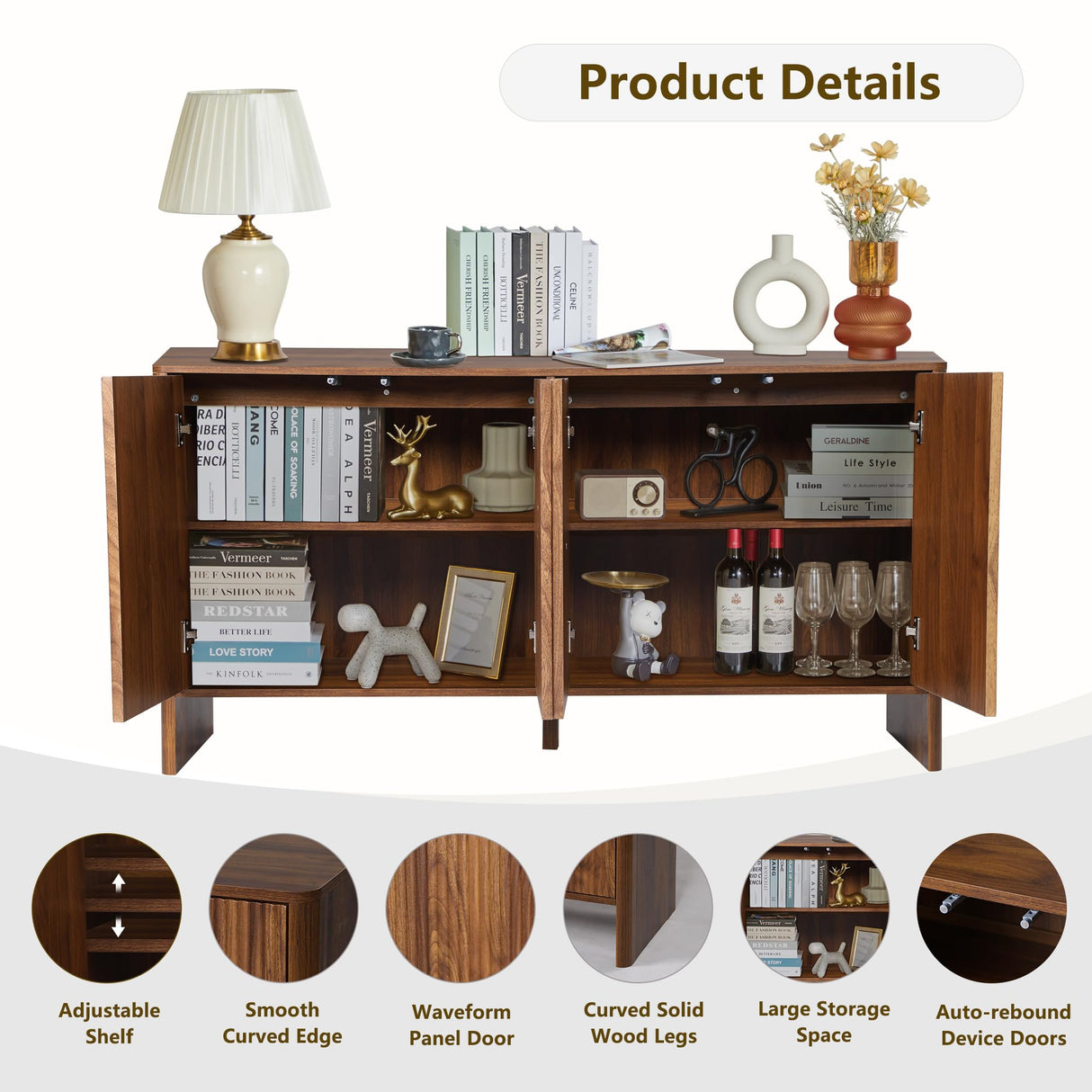 Sideboard Buffets Cabinet, Modern Accent Storage Cabinet with 4 Fluted Doors and Adjustable Shelves, Wood Credenza Buffet Sideboards, Console Table for Kitchen Dining Living Room Entryway (Walnut) XUZENEST