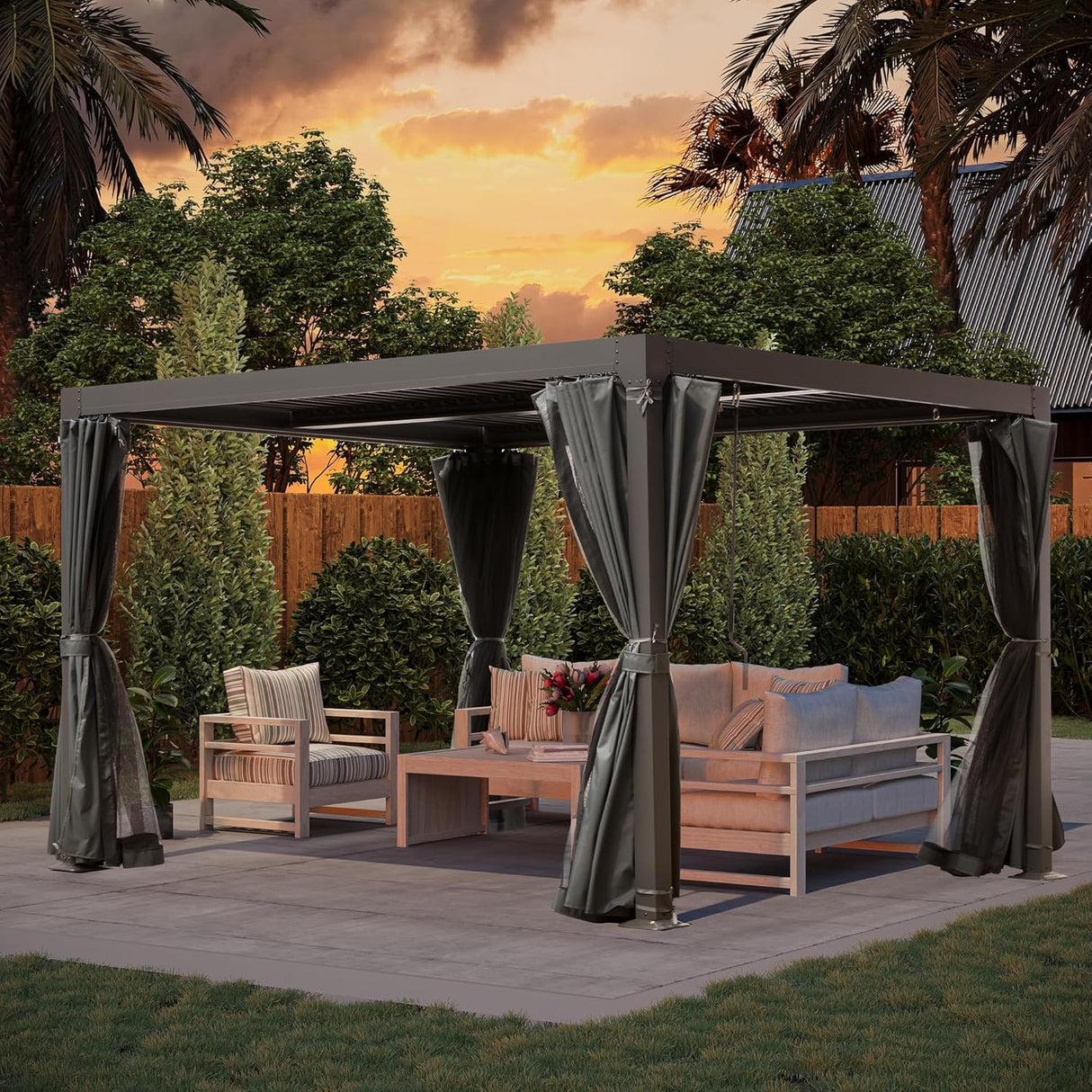 10' × 10' Louvered Pergola, Outdoor Aluminium Canopy with Adjustable Roof Curtains and Netting for Patio, Deck, Garden, Yard, Beach. (Black) GAZEBEST