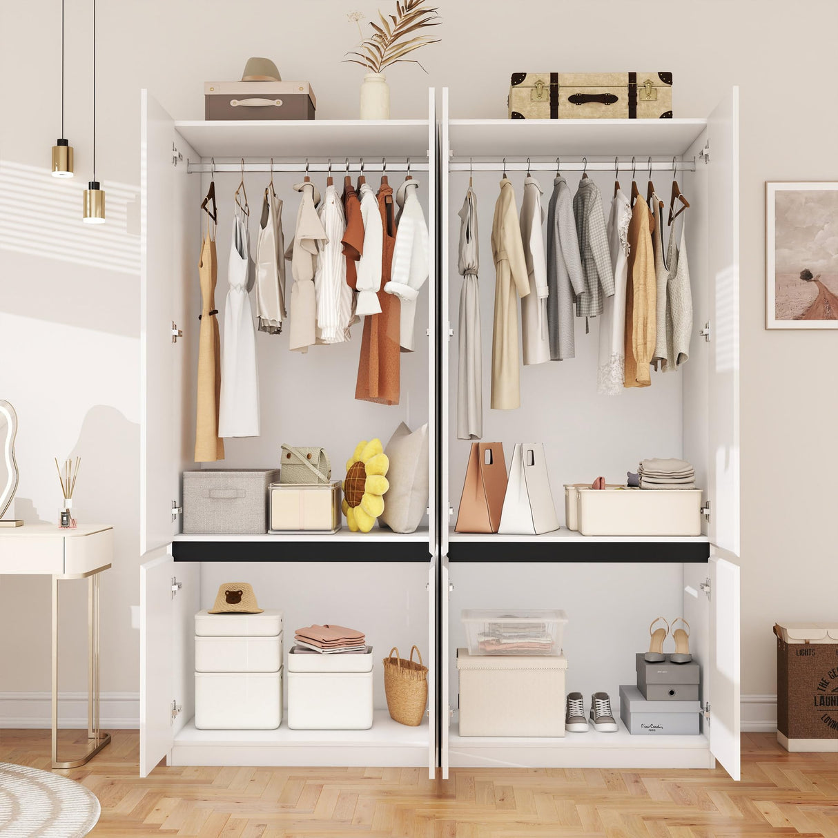 LABROSKIA White Armoire Wardrobe Closet: 74" Wooden Wardrobe Closet with 4 Doors, Bedroom Armoires with Hanging Rod, Tall Closets Cabinet for Hanging Clothes (63") LABROSKIA