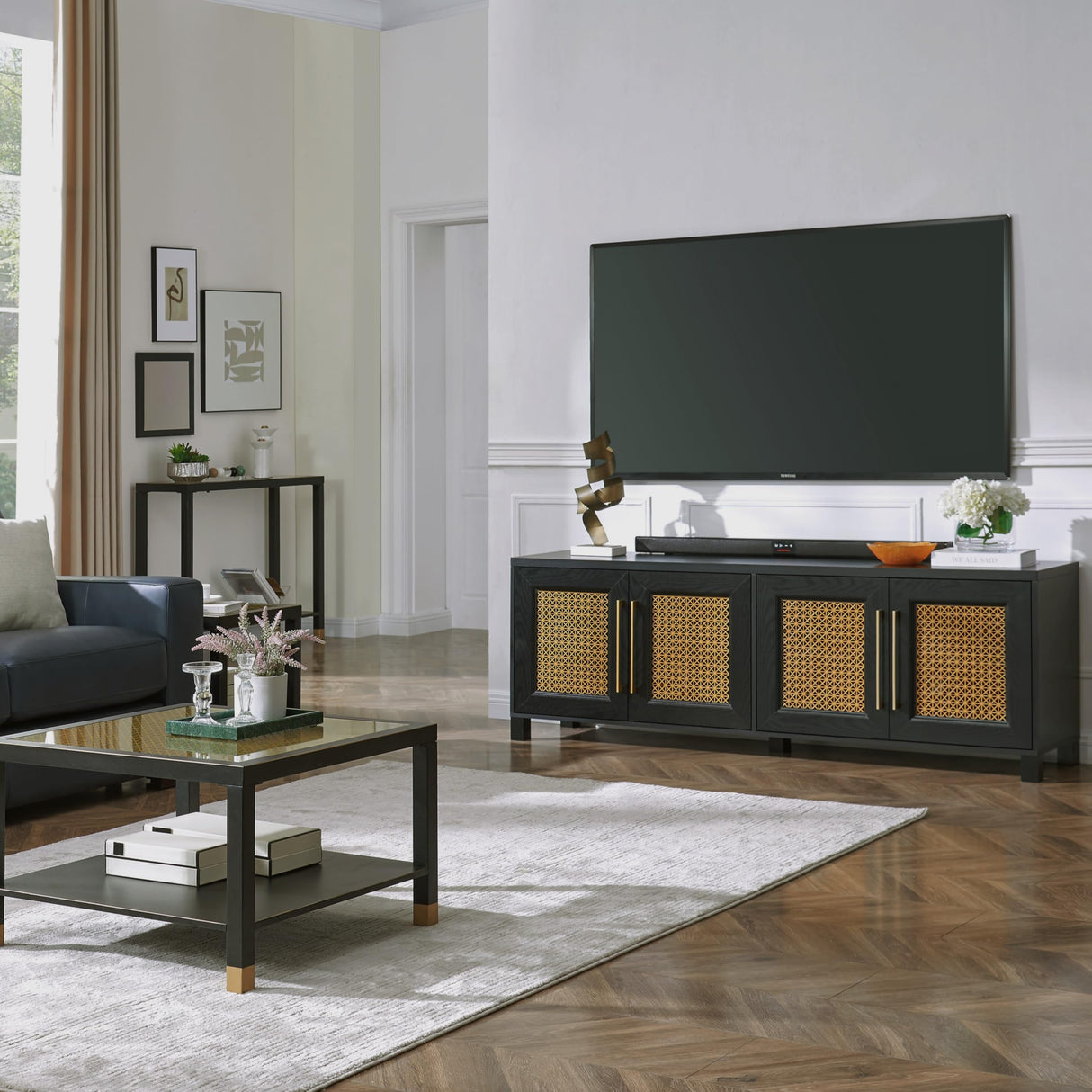 JYED Mid Century Modern TV Stand for TVs up to 75", with Gold Hollow Metal Mesh Decorated, Boho TV Console with Storage Cabinets, Black TV Stand for Living Room, 69.5"x15.6"x24.8" JYED DECOR
