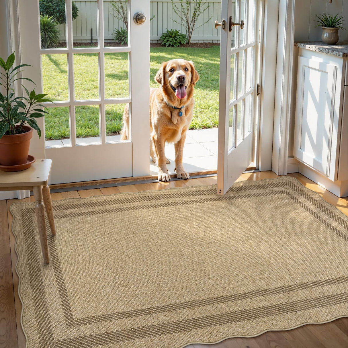 LIVEBOX Scalloped Easy Jute 3x5 Outdoor Rug, Washable Non-Slip Geometri Tan Rugs for Entryway, Indoor Outdoor Farmhouse Rug Morden Carpet Door Mat Area Rug for Bedroom Living Room Kitchen LIVEBOX