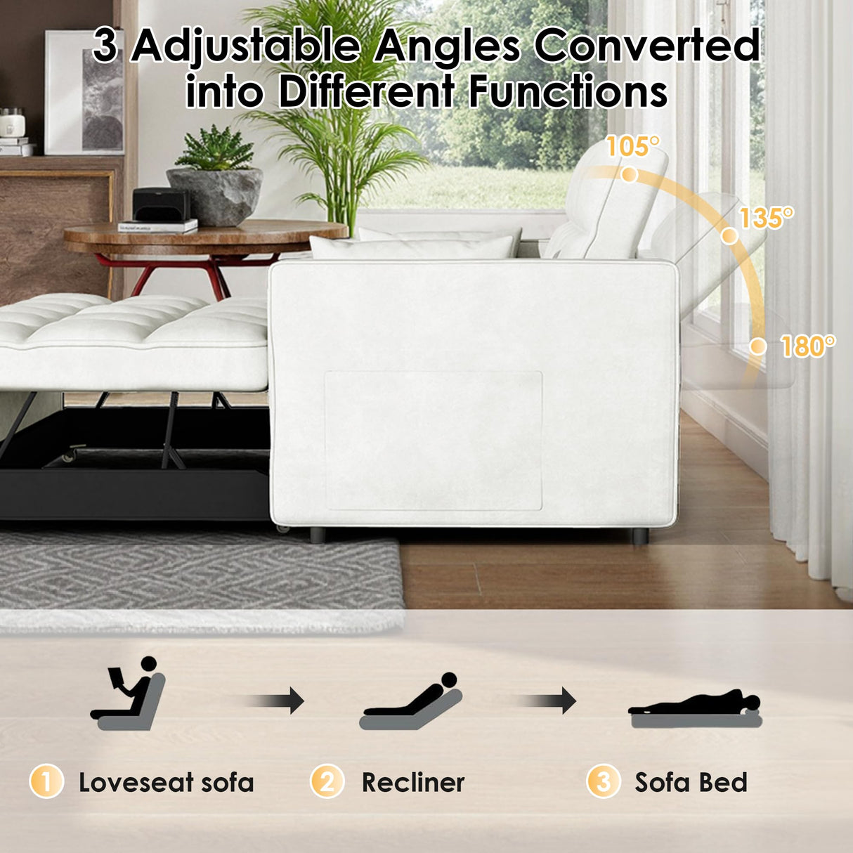 Dreamzie 3 in 1 Convertible Sleeper Sofa Bed, Pull Out Couch for Living Room with Side Pocket, Loveseat Sleeper with Adjustable Backrest (Fabric, White) Dreamzie