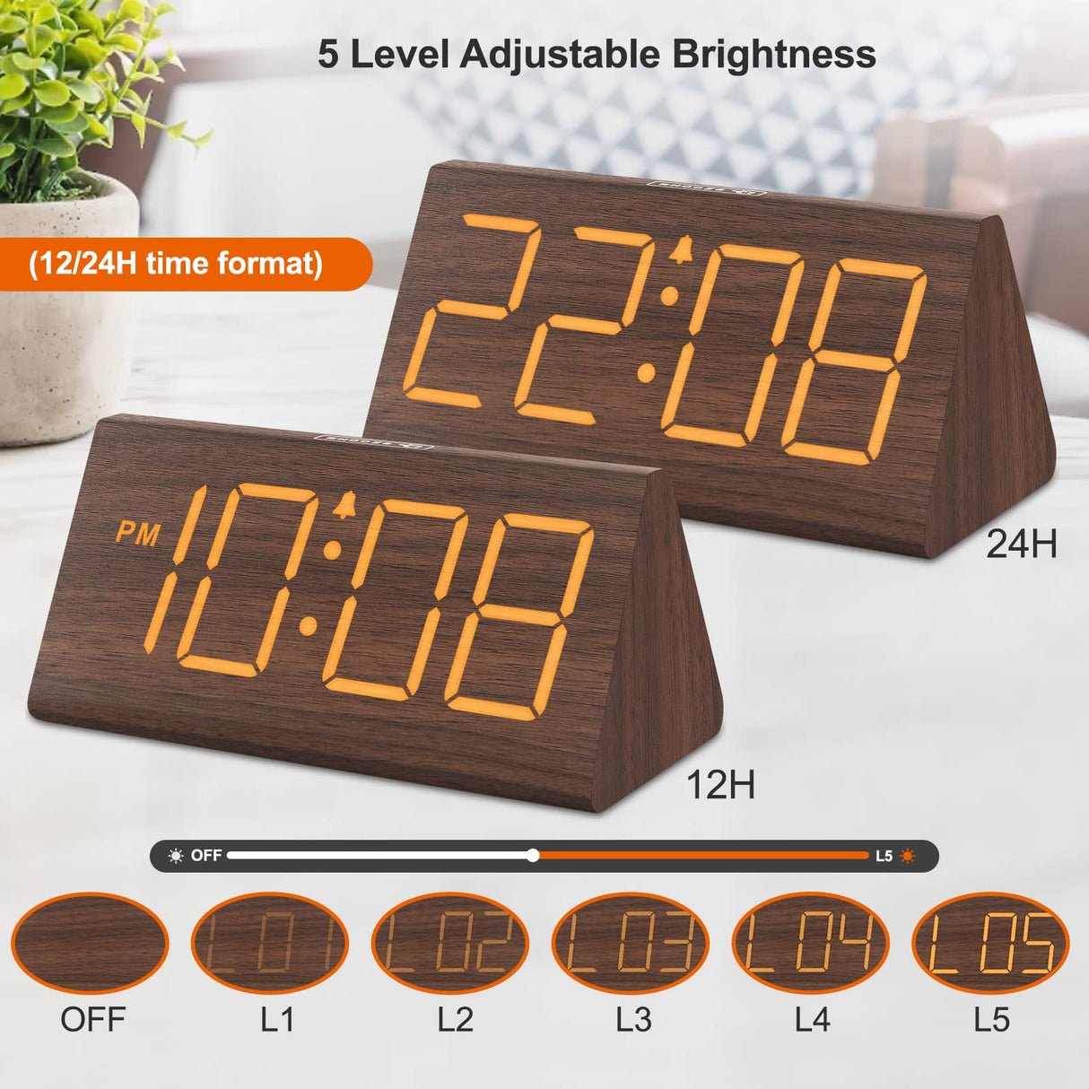 DreamSky Wooden Digital Alarm Clocks for Bedrooms - Electric Desk Clock with Large Numbers, USB Port, Loud Alarm for Heavy Sleepers, Adjustable Volume, Dimmer, Snooze, DST, 12/24H, Wood Décor (Brown) DreamSky