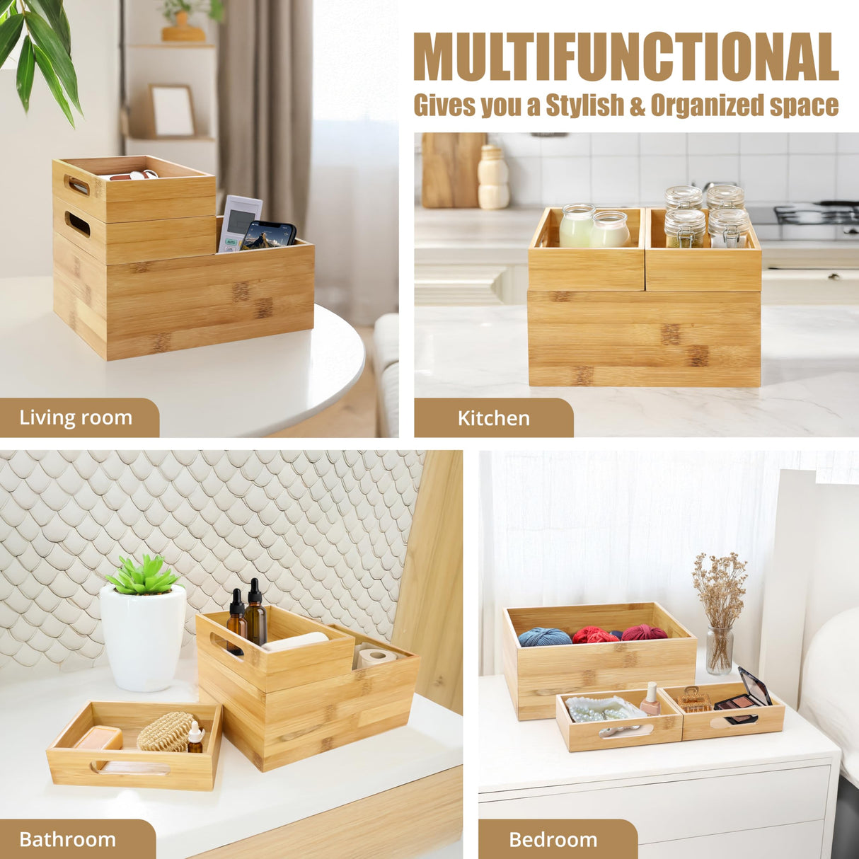 HOMESTEAD 3-Piece Stackable Bamboo Storage Box, Office Desk Organizer, Wooden Boxes for Makeup Drawer Organizer Bathroom, Office Supplies, Kitchen Utensils, Bamboo Storage Containers, Jewelry Tray HOMESTEAD