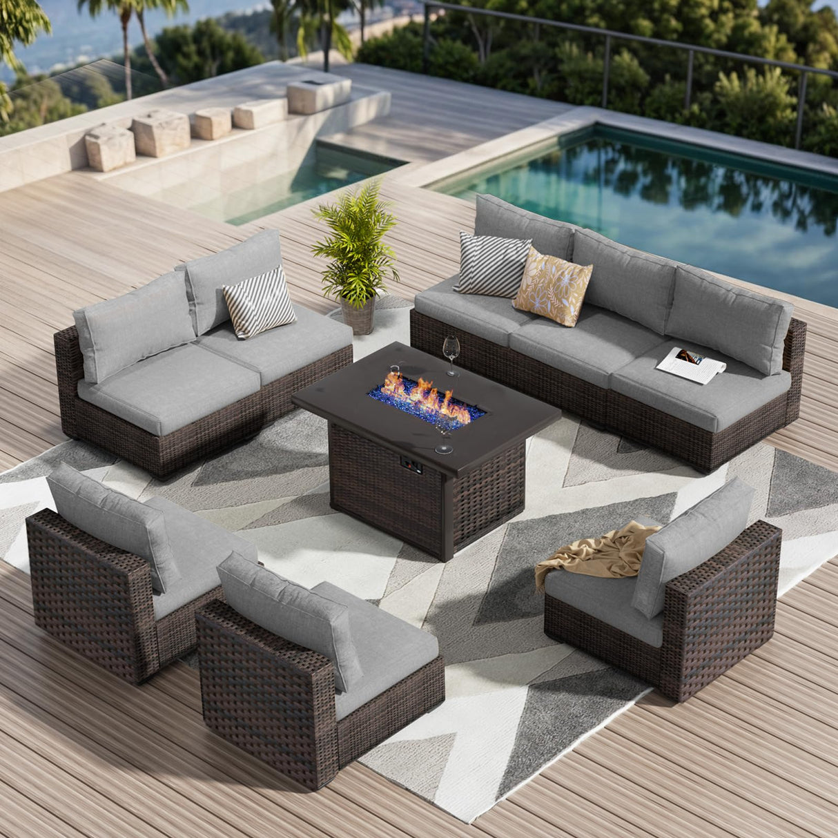 GREZJXC 9 Pieces Outdoor Sectional Patio Furniture Set with Fire Pit Table PE Rattan Wicker Patio Sectional Armless Conversation Set with Cushions Grey GREZJXC