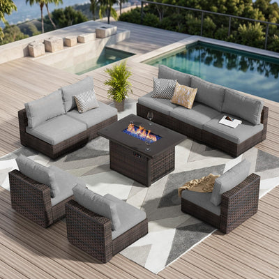 GREZJXC 9 Pieces Outdoor Sectional Patio Furniture Set with Fire Pit Table PE Rattan Wicker Patio Sectional Armless Conversation Set with Cushions Grey