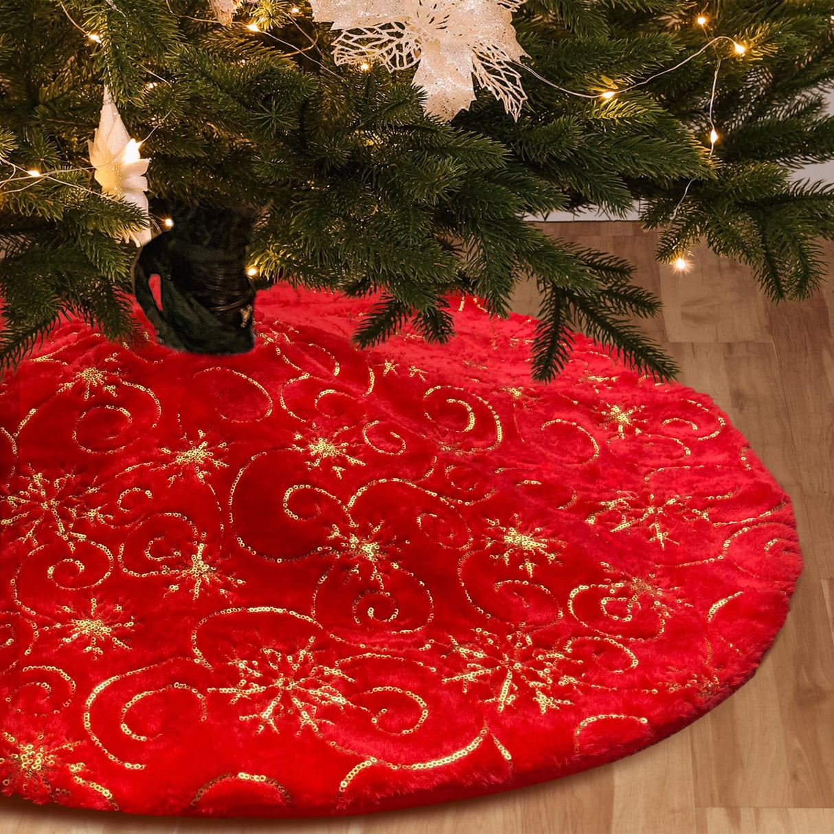 Amidaky Christmas Tree Skirt Red 30 inch Gold Christmas Tree Skirt Snowflakes Faux Fur for Xmas Holiday Home Party Amidaky