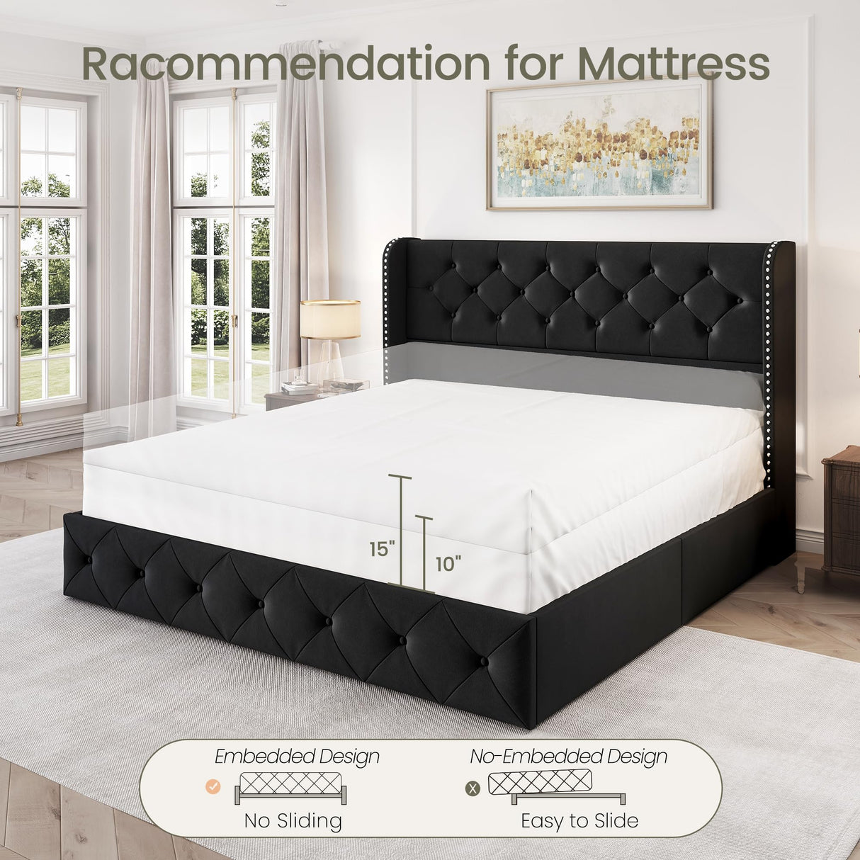 LARMACE Queen Size Bed Frame with 4 Storage Drawers and Wingback Headboard Upholstered Platform Beds Velvet Tufted Bed Frame with Wooden Slats Support, Easy Assembly, Black LARMACE