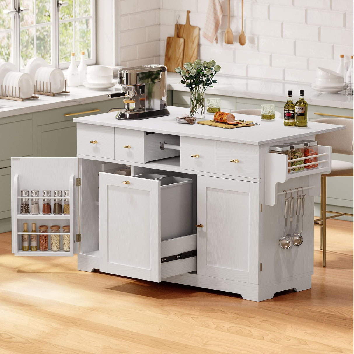 DWVO Kitchen Island with Drop Leaf, 59" Large Mobile Storage Islands with Power Outlet, Double Pull-Out Trash Can Cabinets Fits 10-Gal Garbage Bin, Rolling Kitchen Cart with Spice & Towel Rack, White DWVO