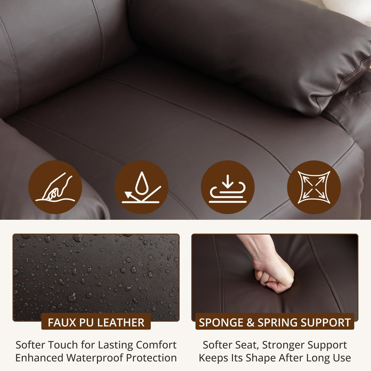 zzlay 360° Swivel Rocking Leather Recliner Chair for Adults, Overstuffed Manual Recliner with Spring Cushion, Glider Rocking Nursery Single Sofa with Side Pockets for Living Room, Coffee Brown zzlay