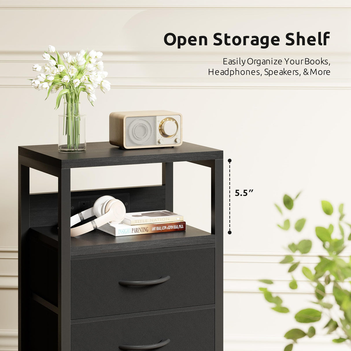 NightStand Bedside Charging Table Bedroom - Night Stand with Charger Station, Modern Nightstand with Open Shelf & 2 Fabric Drawers, Bed Side Table with USB-C USB Ports & AC Outlets for Dorm, Black Lazzanto