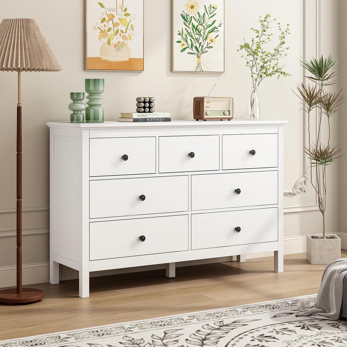 LYNSOM White Dresser for Bedroom, 7 Wide Drawer Deep Dresser with Metal Handles, Wood Dressers & Chests of Drawers for Hallyway, Entryway LYNSOM