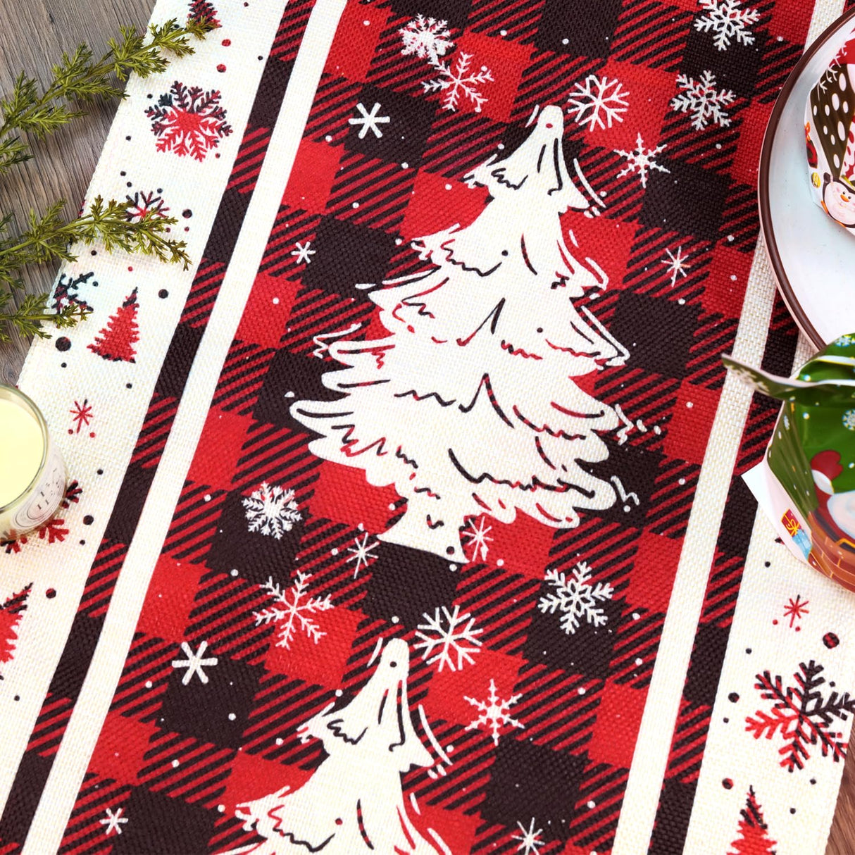 Buffalo Plaid Christmas Tree Christmas Table Runner, Red Winter Holiday Kitchen Dining Christmas Table Decoration for Indoor Outdoor Home Party Decor 13x72 Inch (Christmas Tree) Lapensa