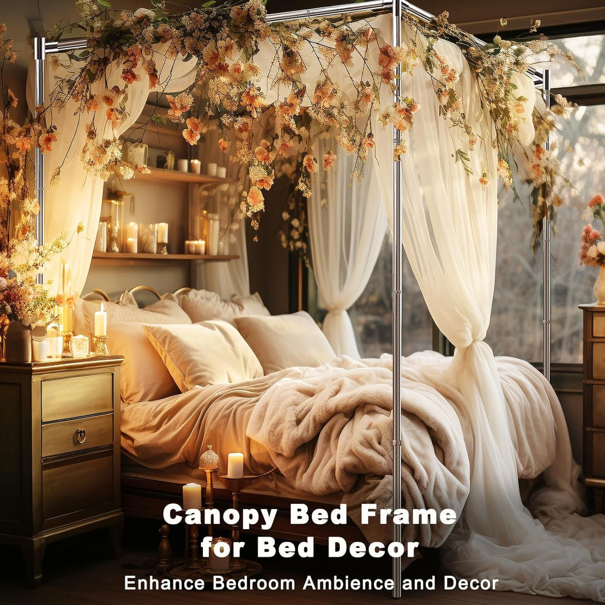 Stainless Steel Canopy Bed Frame King Size, Thicken Full Size Canopy Frame for Metal Bed Wood Bed Bedroom Decor ForestSource