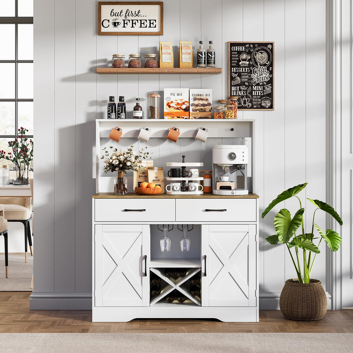 Buffet Cabinet with Storage,Sideboard Kitchen Storage Cabinet41.7 L x15.5 W x 47" H Farmhouse Coffee Bar Cabinet, with 2 Drawers and Shelves,Coffee Station Home Liquor Bar,White Mufico