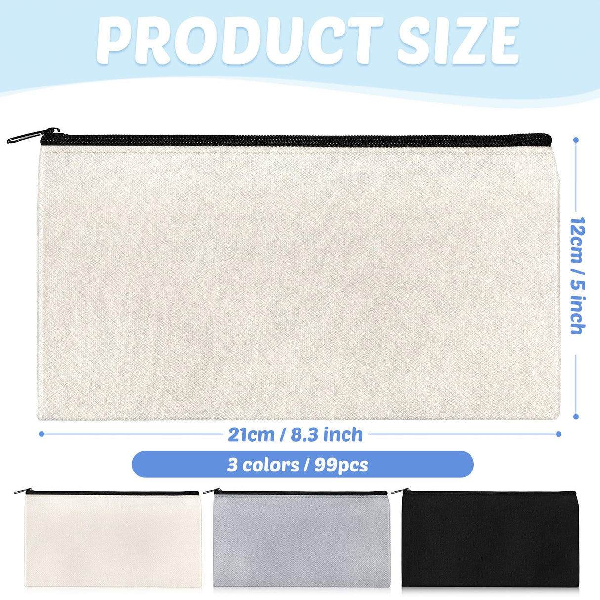 99 Pack Blank Canvas Bag Bulk DIY Craft Canvas Zipper Pouch Sublimation Blanks Canvas Makeup Bag Canvas Pouch Pencil Bag Cosmetic Travel Toiletry Storage Zipper Bag 8.3 x 5 Inch(Gray, Black, White) Colarr