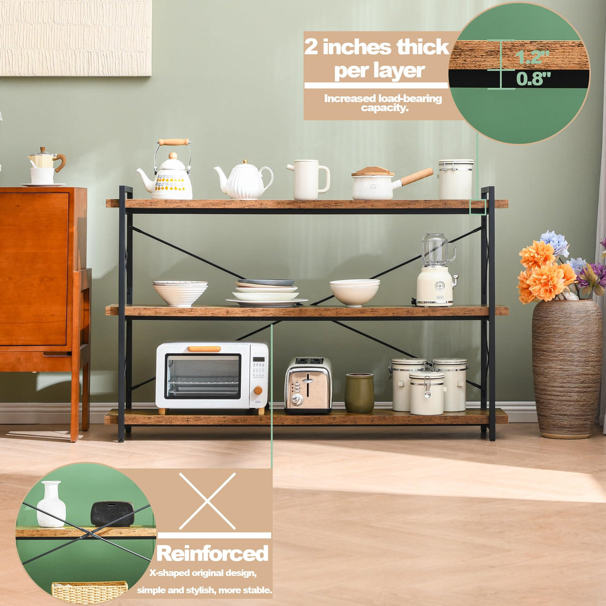 HCHQHS Bookshelf, 3-Tier Long Industrial Bookcase, Rustic Open Book Shelf, Freestanding Horizontal Bookshelves with Metal Frame HCHQHS