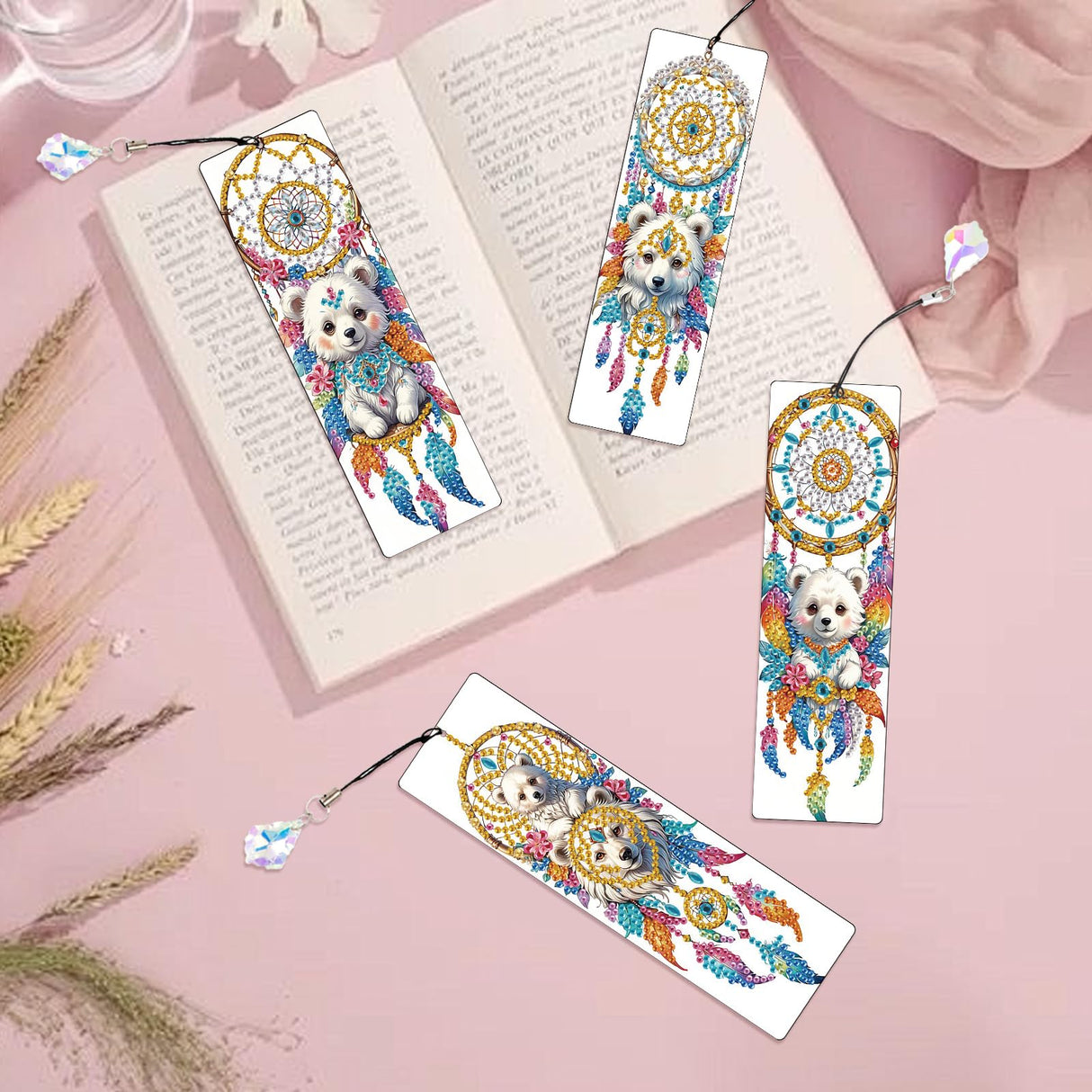 4 Pcs Diamond Painting Bookmarks, White Bear and Lion Dreamcatcher DIY Diamond Art Kits for Adults, Rhinestone Drill Crafts Bookmarks with Tassel for Graduation Birthday Gifts AiYuanzsh