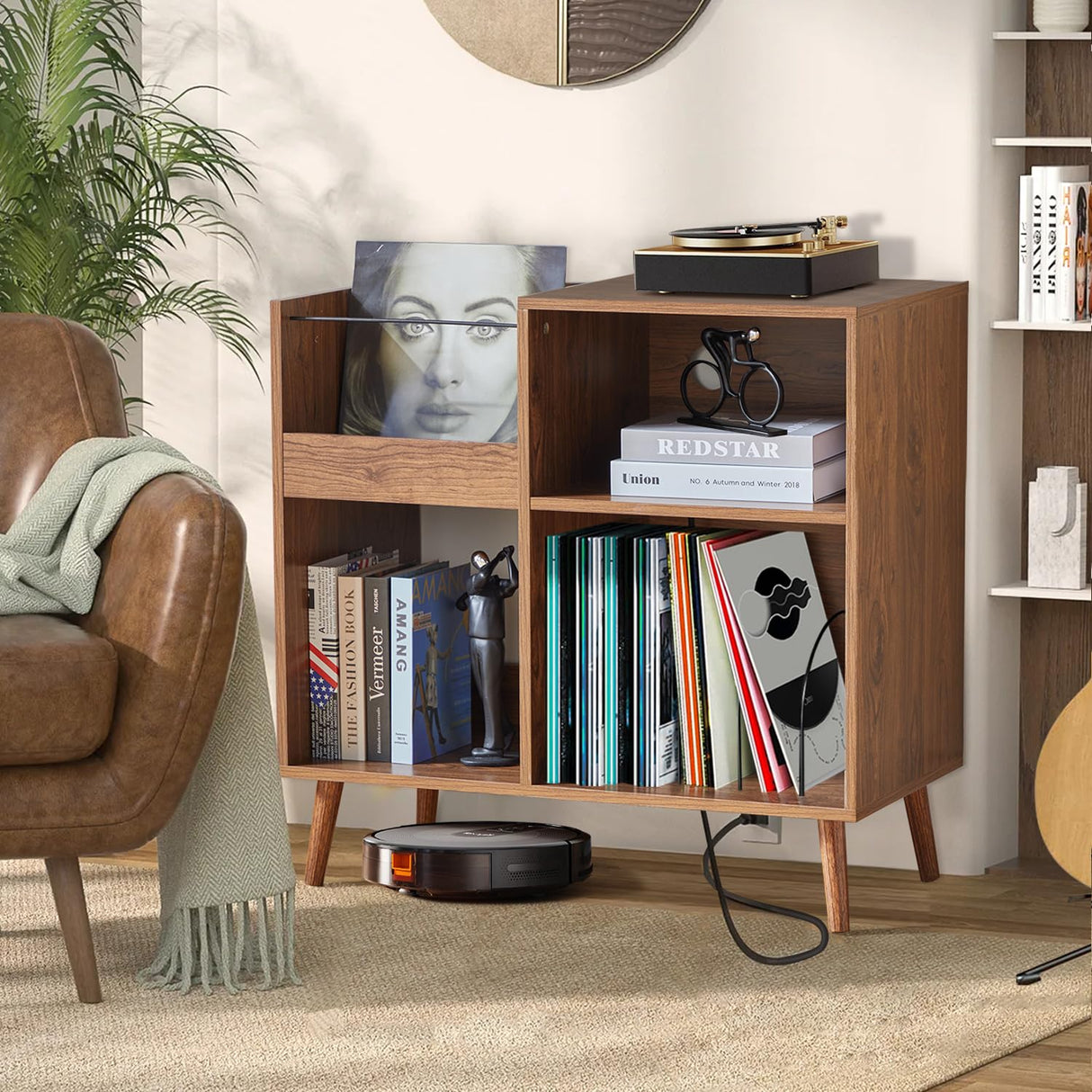 affeivul Mid-Century Vinyl Storage Cabinet Table with Solid Wood Legs, Turntable Stand with Power Outlet Holds up to 200 Albums, Record Player Holder Display Shelf, End Table for Bedroom Living Room affeivul