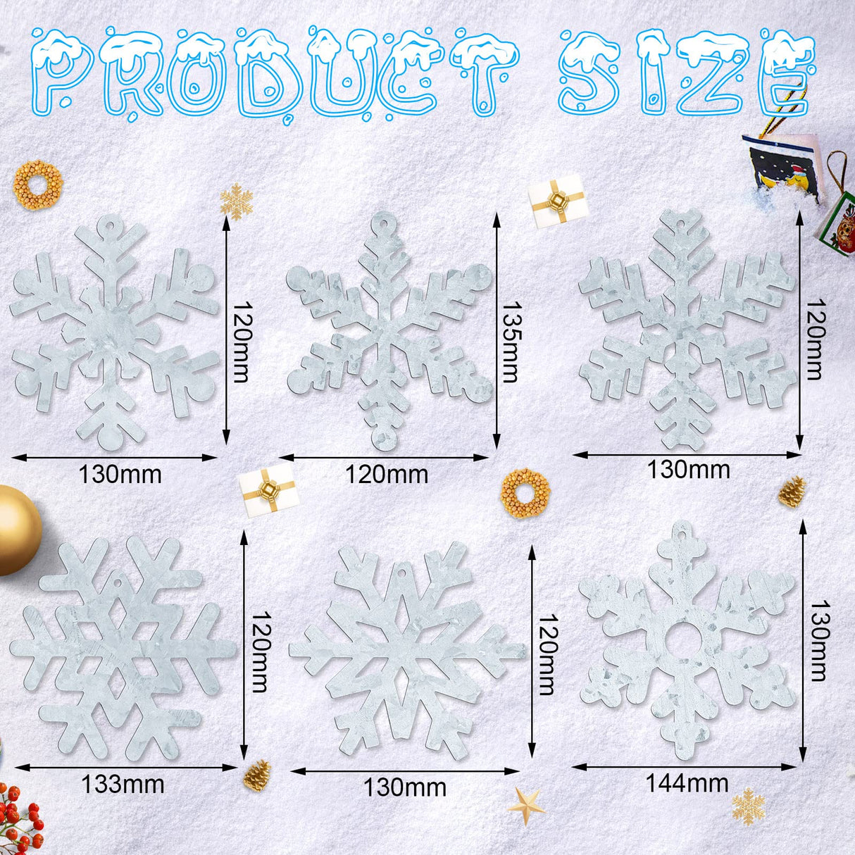 Oudain 6 Pieces Metal Snowflake Ornaments Christmas Galvanized Snowflake Hanging Ornament Farmhouse Snowflake Tree Hanging Decoration for Xmas Winter Party Decor, 5.12 Inch, Silver Oudain