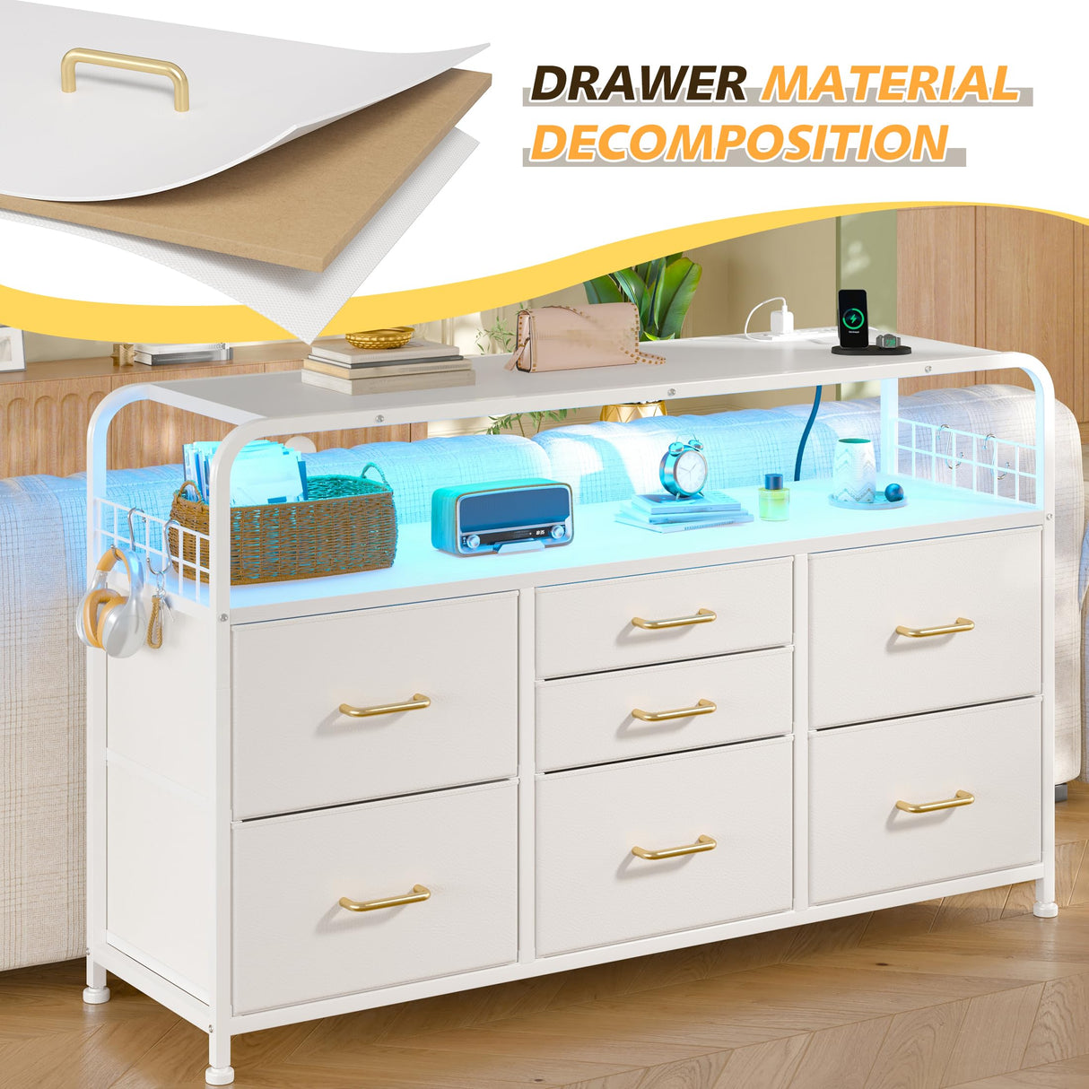 EnHomee White Dresser for Bedroom with LED Lights & Charging Station, 7 Drawer Dresser with Open Shelf, Fabric Bedroom Dressers & Chest of Drawers for Closet, Entryway, Hallway, 4 Hooks EnHomee