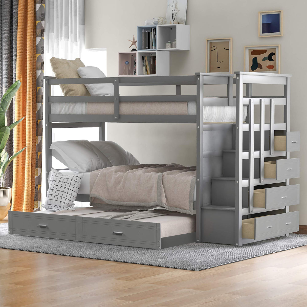 Bellemave Grey Twin Over Twin Bunk Bed with Trundle, 4 Storage Drawers, Staircase & Safety Guard Rails Bellemave
