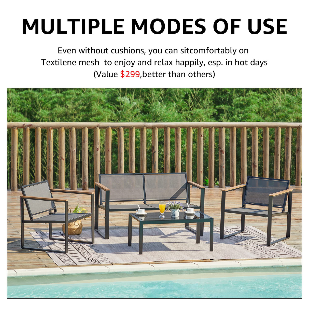 NATURAL EXPRESSIONS 4 Pieces Patio Furniture Sets,Outdoor Metal Sectional Furniture Modern Patio Conversation Set,Fuaxwood Anti-Scald Armrest,Sling Mesh,Tempered-Glass Table,4" Olefin Cushions NATURAL EXPRESSIONS