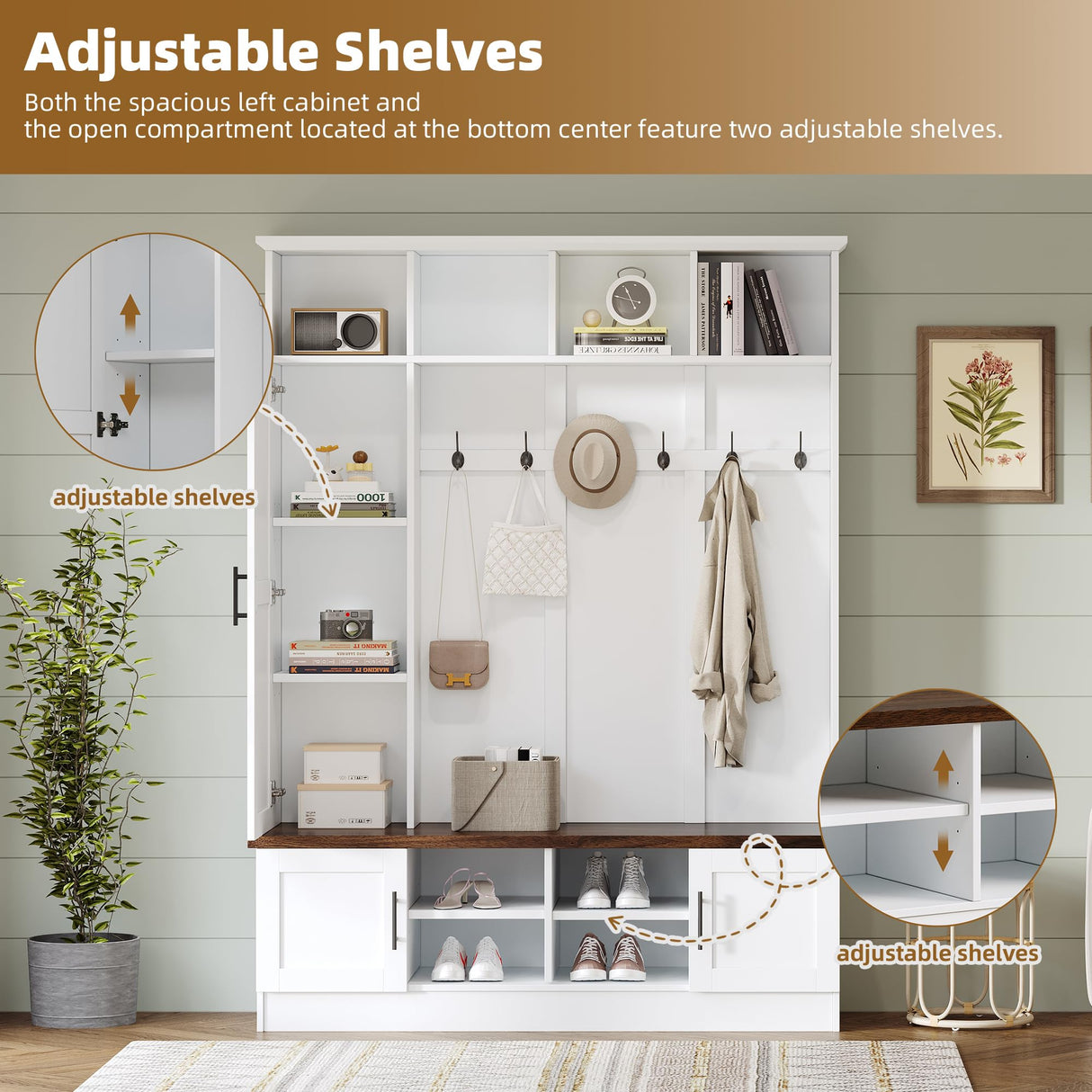 Entryway Hall Tree with Bench and Storage, 3-in-1 Hall Tree with 6 Coat Hooks, 2-Tier Shoe Storage, Top and Side Storage for Hallway, Entryway, Farmhouse White Harper & Bright Designs