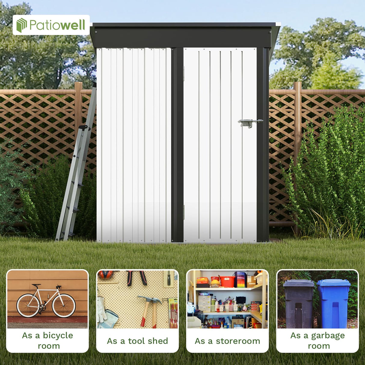 Patiowell 5x3 FT Outdoor Storage Shed, Garden Tool Shed with Sloping Roof and Lockable Door, Metal Shed for Backyard Garden Patio Lawn, White Patiowell