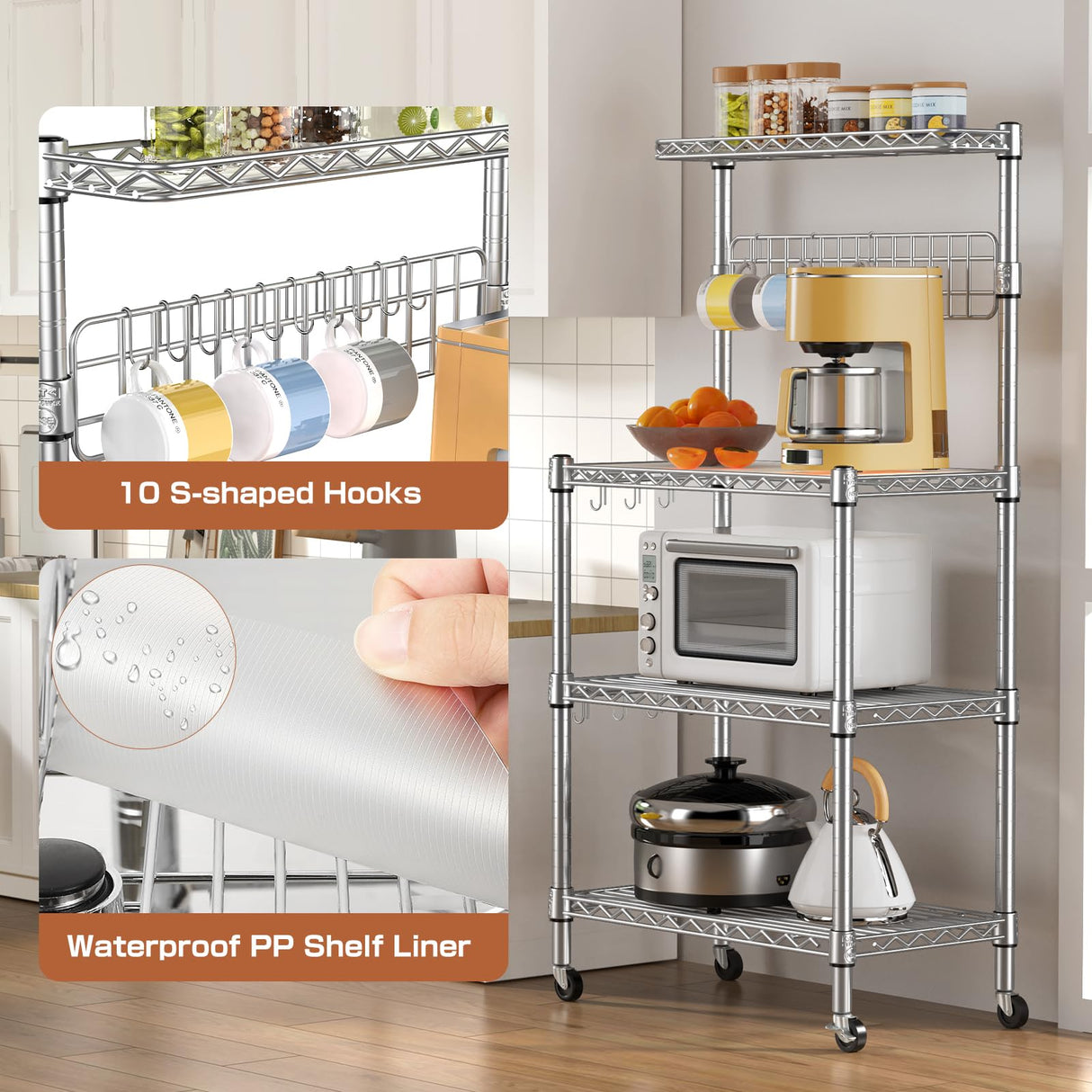 Leteuke Bakers Rack for Kitchen with Storage, NSF Certified 4-Tier Adjustable Coffee Bar with Wheels 10 S-Hooks Microwave Stand Kitchen Storage Shelf Metal Storage Rack 30 x 14 x 59 Inches, Chrome Leteuke