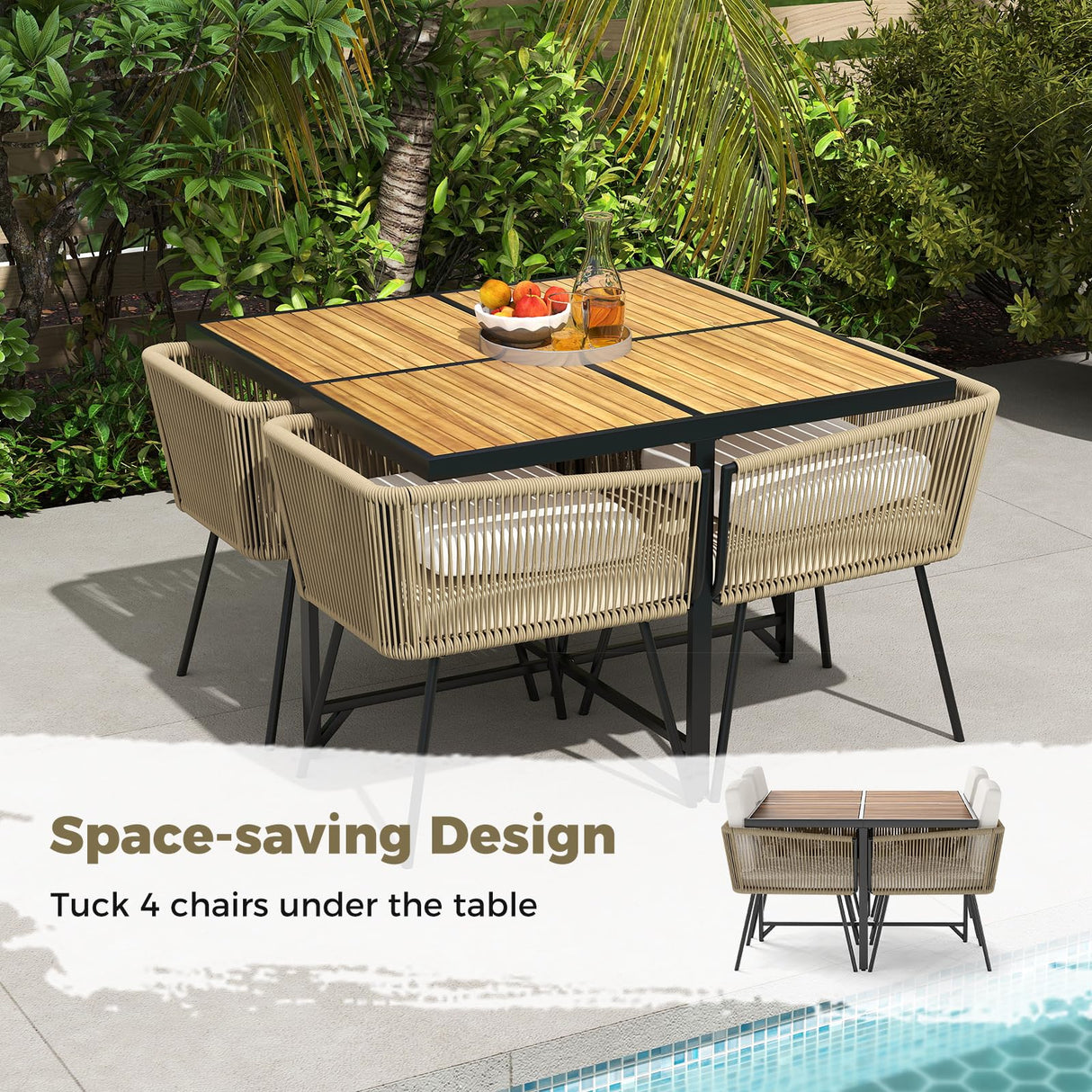 Tangkula 5 Pieces Patio Dining Set, Outdoor Square Table and Chairs with Acacia Wood Tabletop, PE Wicker Armrests and Cushions, Outdoor Patio Furniture Set for Garden, Backyard and Poolside Tangkula