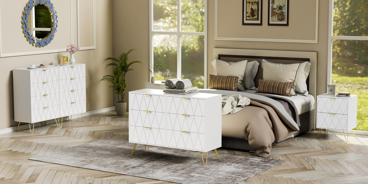 Anbuy 3 Pcs Bedroom Sets, 6 Drawer Dresser and Night stand Sets for Bedroom, Two Drawers Nightstand Set of 2 & 6 Drawer Dresser Combo 3 Pieces (White) Anbuy