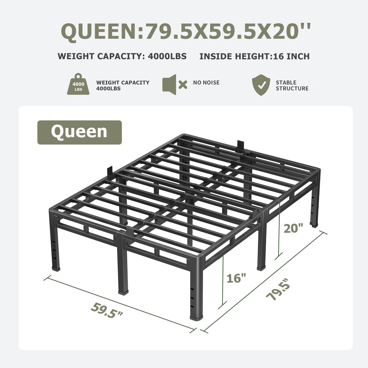 NKZ Queen Size Bed Frame 20 Inch, Metal Bed Frame & Box Spring 2 in 1 Platform with Round Corner Legs, 4000lbs Weight Capacity Reinforced Metal Frame, Headboard Hole, Noise-Free, Easy Assembly NKZ
