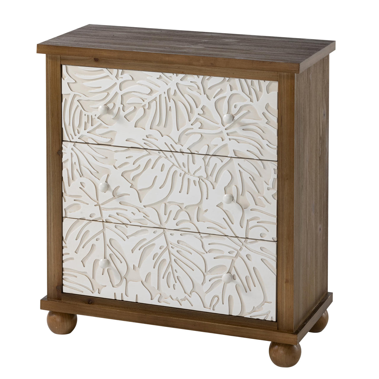 COZAYH Farmhouse 3-Drawer Dresser, French Country Chest of Drawer with Leaves Pattern Carved, Distressed Finish, White & Brown COZAYH