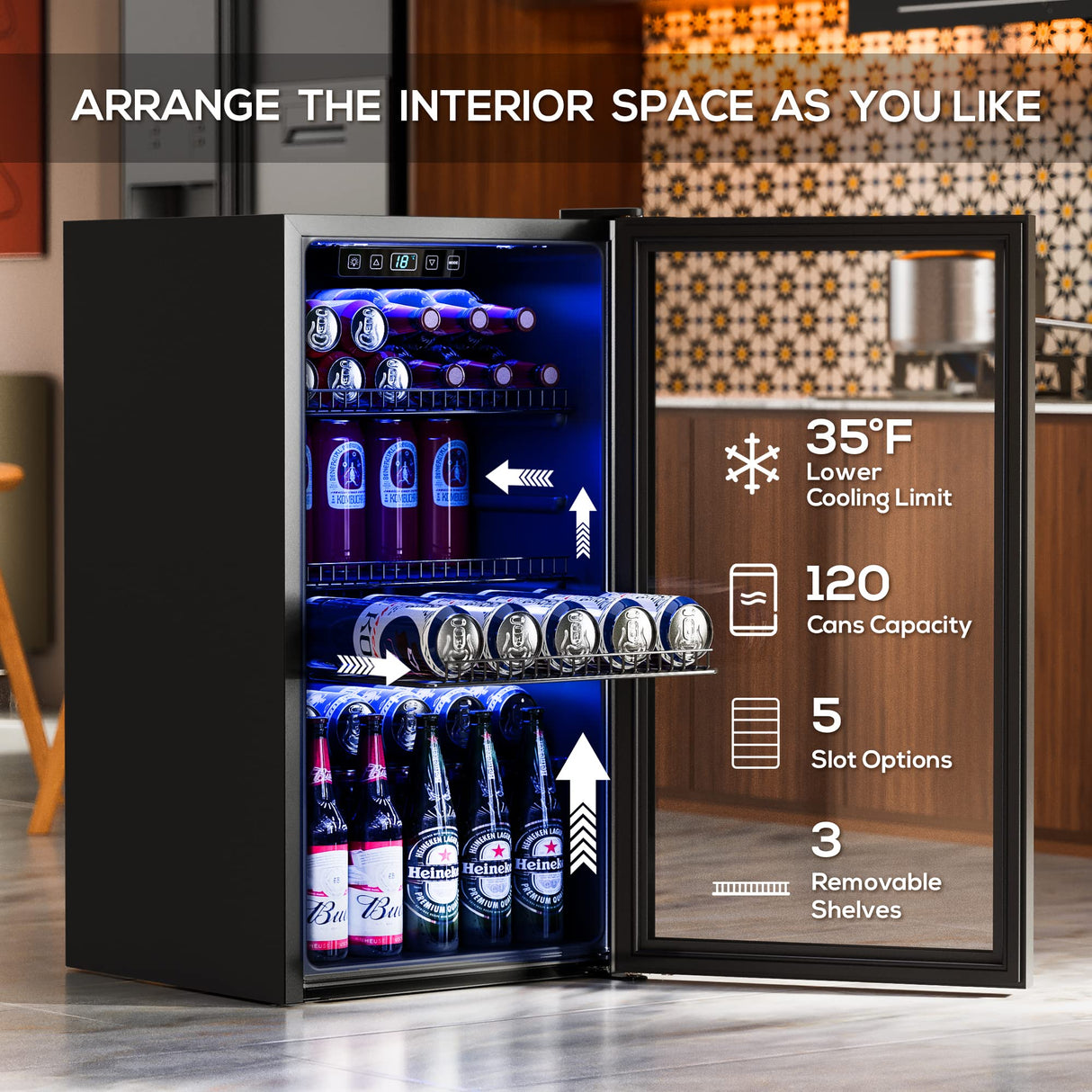 Manastin Beverage Refrigerator Cooler-120 Cans Freestanding Mini Fridge Cooler with Glass Door, Adjustable Shelves & Digital Temperature Display for Soda, Wine or Beer (Black, 3.2 Cu.Ft) Manastin