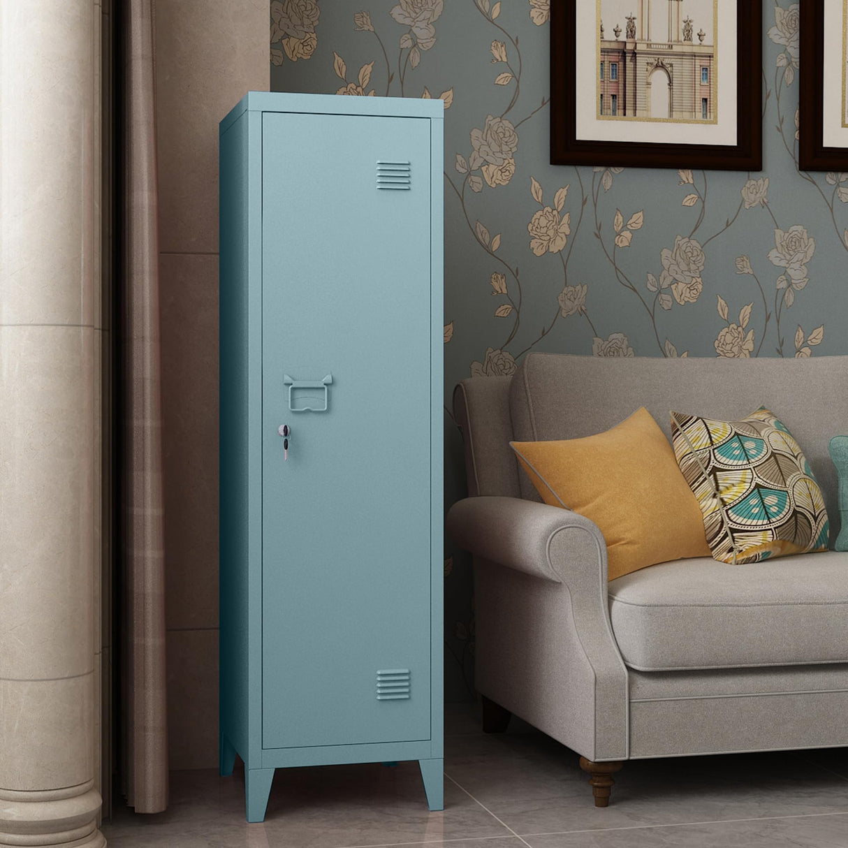 MIOCASA Metal Cabinet Home Office Storage Cabinets with Doors and Shelves Lockable 3 Door File Cabinet Organizer Coat Lockers for Kids (Blue) MIOCASA