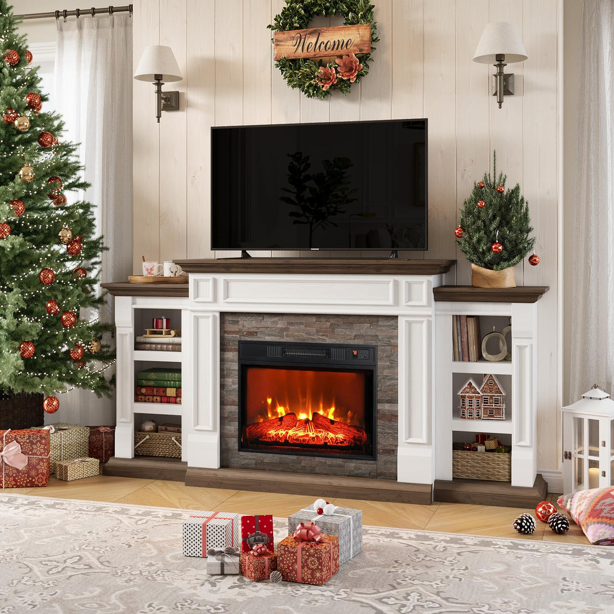 70" Electric Fireplace with Mantel, Fireplace TV Stand for TVs Up to 80 Inch, Farmhouse Entertainment Center with Storage, Realistic Stacked Stone Surround with Remote Control for Living Room,Bedroom LGHM