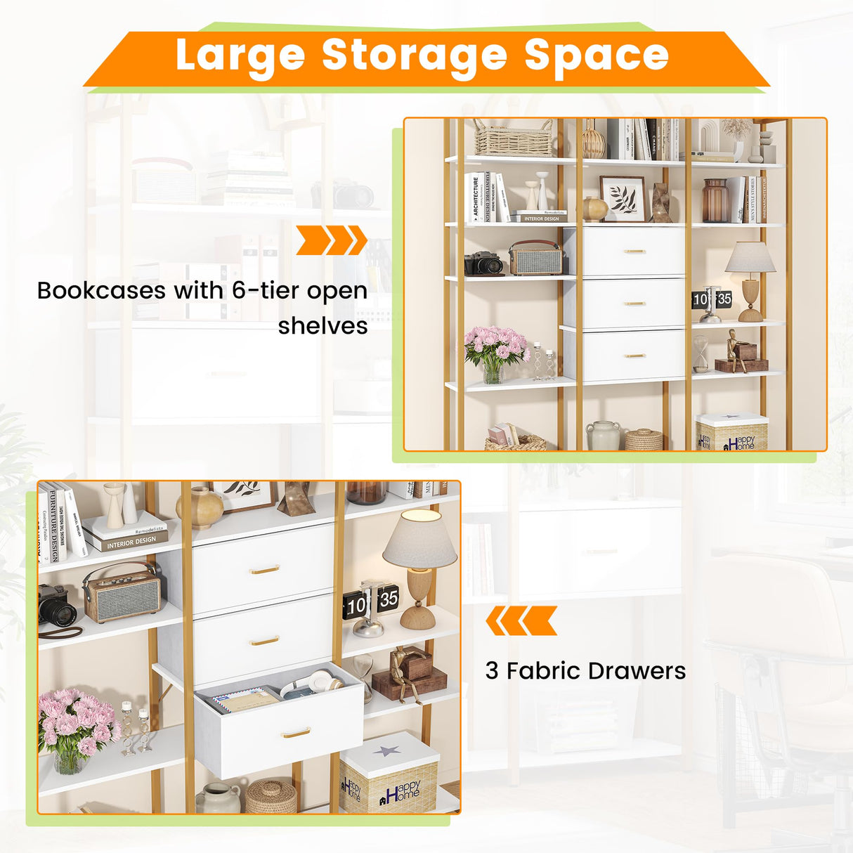 Semoic 83.5" Tall Arched Bookshelf, Triple Wide 6-Tier Large Open Book Shelf with 3 Drawers Storage, Etagere Bookcase with Display Shelf, Industrial Bookshelf with Metal Frame for Living Room, Gold Semoic