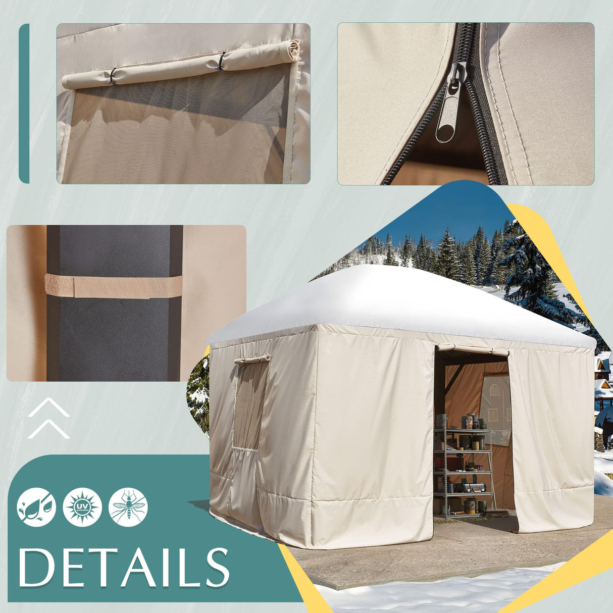 EROMMY Gazebo Cover for 10'x12' Gazebos,Outoor Waterproof Winter Gazebo Cover with Sidewalls and Mesh Windows,Convert Gazebo into a Storage Space,Beige(Gazebo not Included) EROMMY
