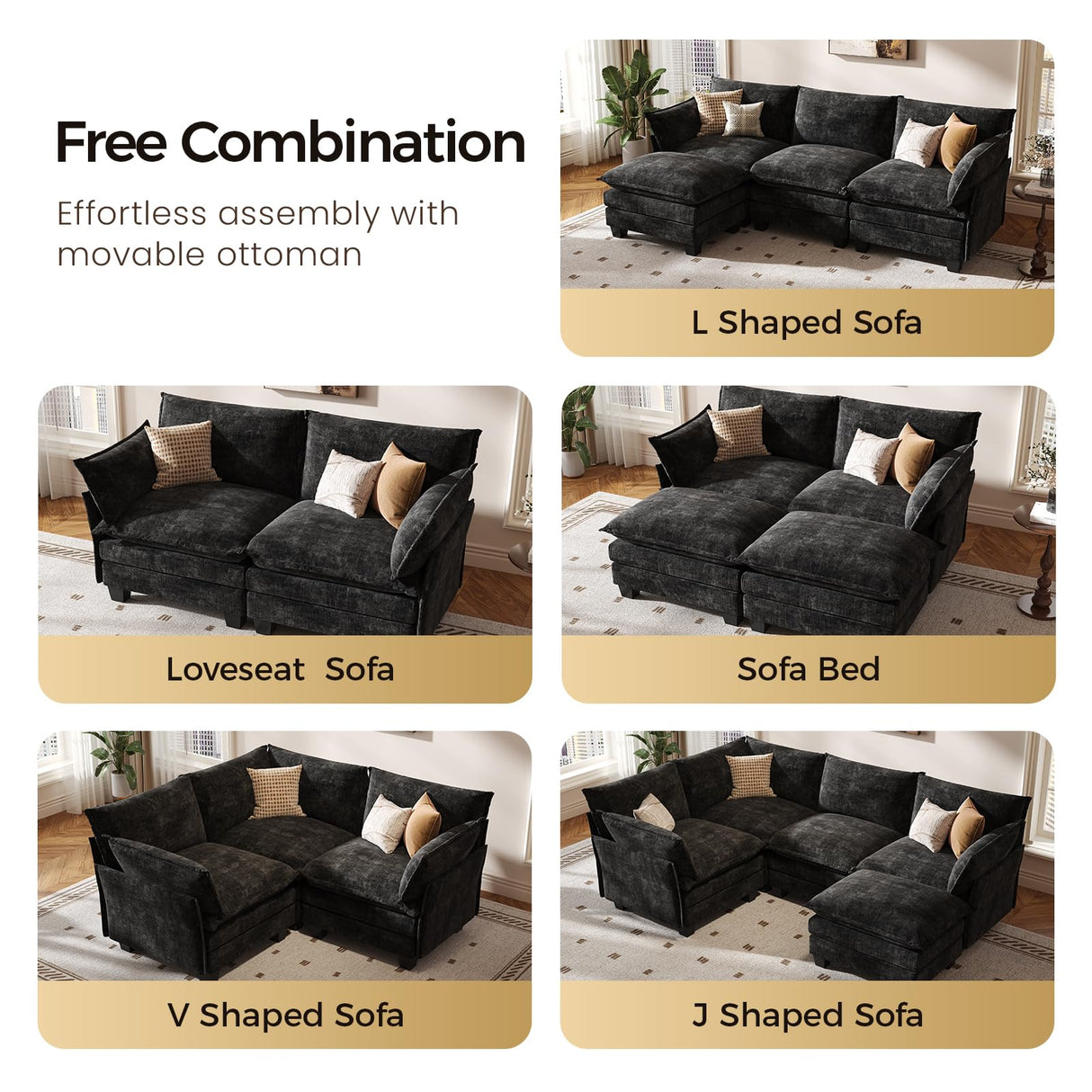 KKL Modular Sectional Sofa, Loveseat 2 Seater Cloud Couch with Ottoman, Chenille Modern Sectional Couches for Living Room, Apartment KKL